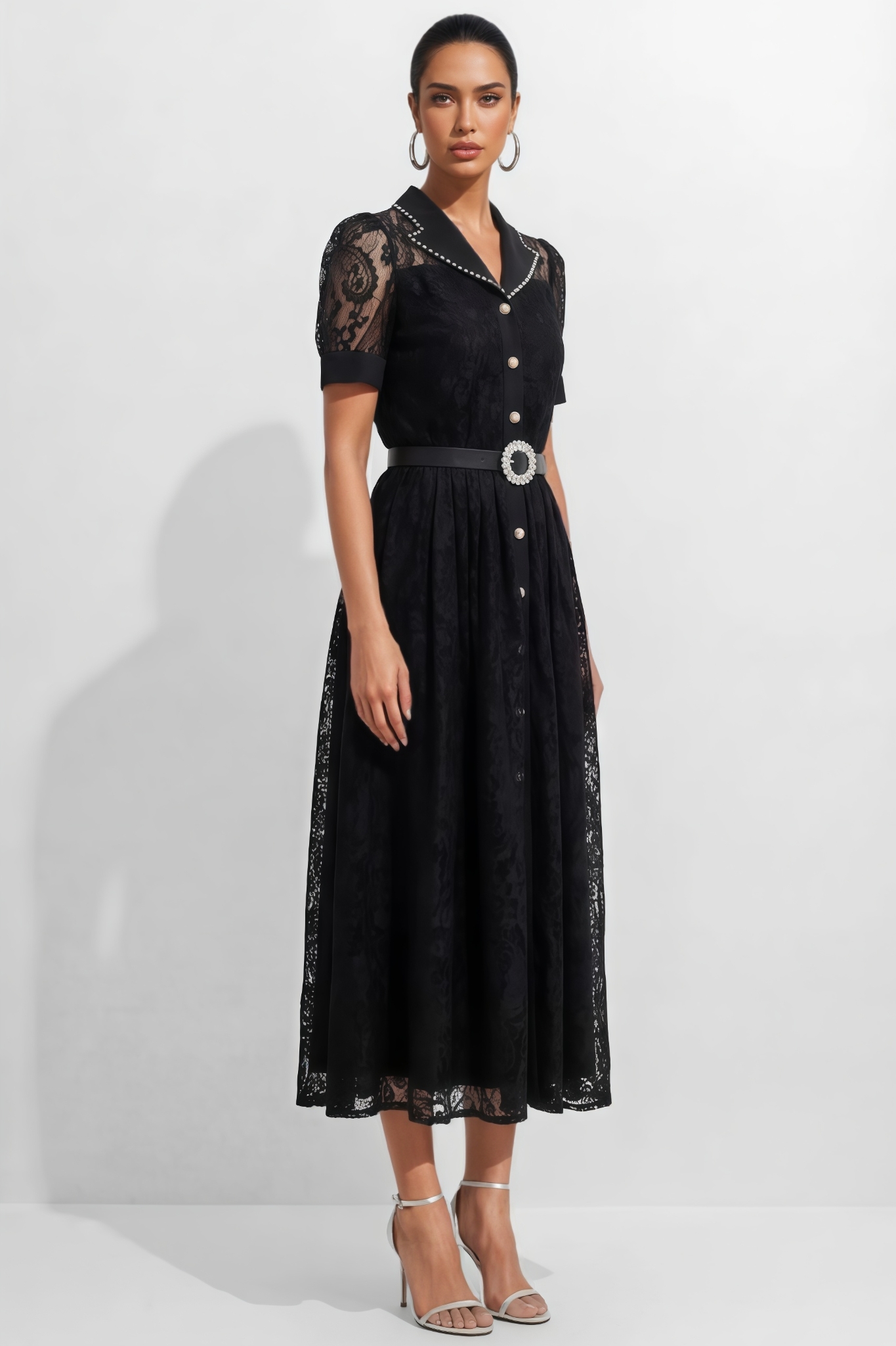 Runthe Black Lapel Collar Lace Maxi Dress