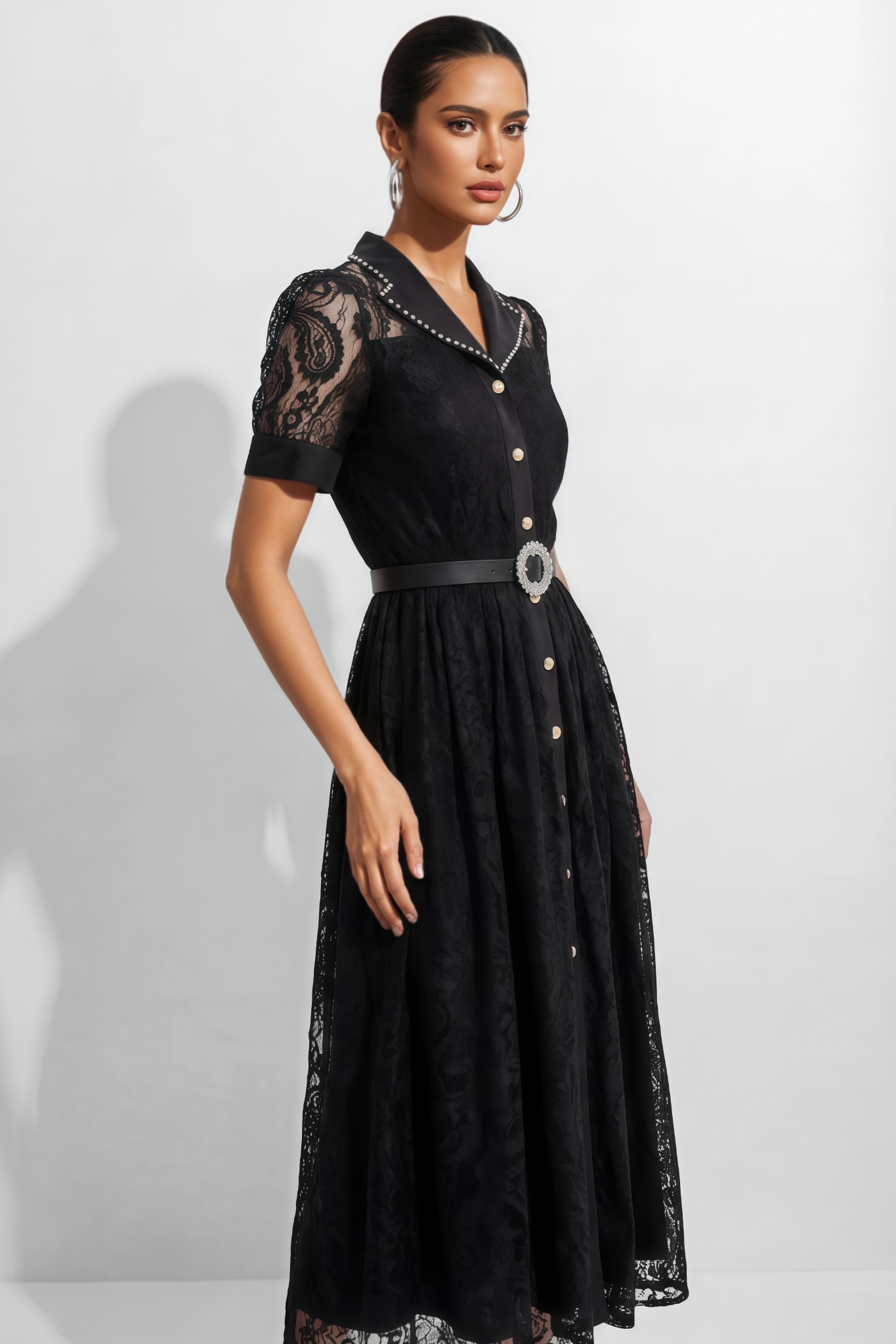 Runthe Black Lapel Collar Lace Maxi Dress