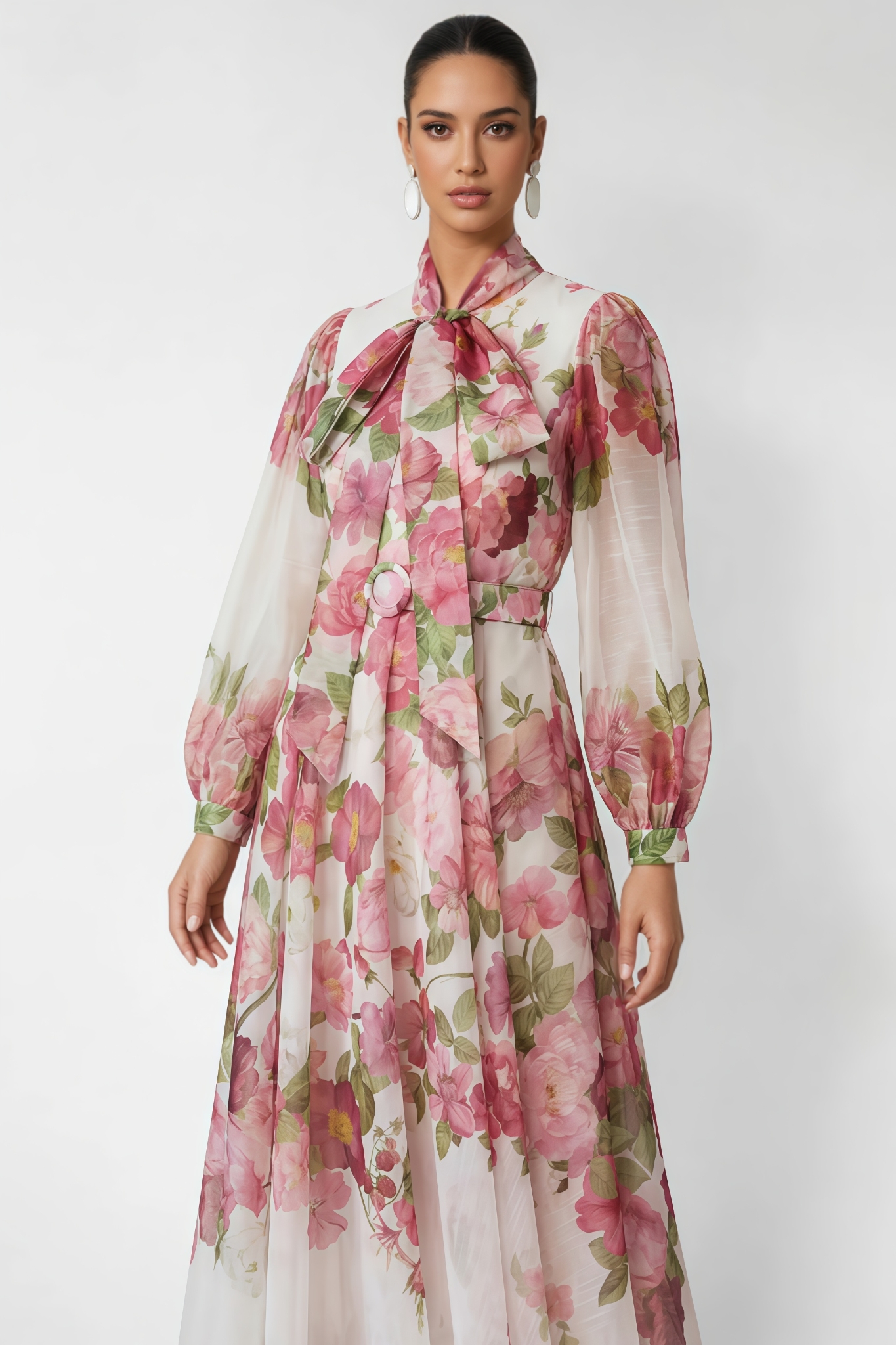 Unmety Pink Floral Print Bow Neck Maxi Dress