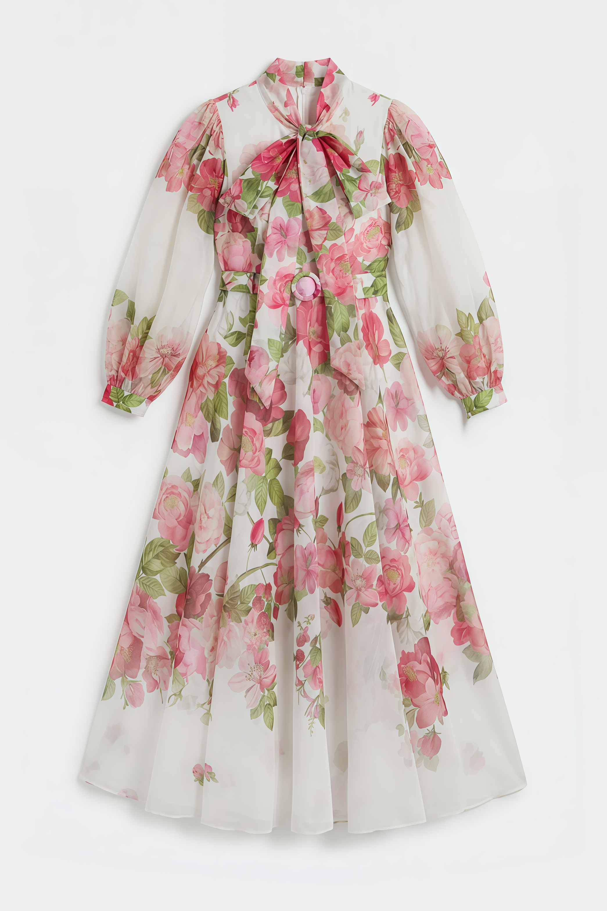 Unmety Pink Floral Print Bow Neck Maxi Dress