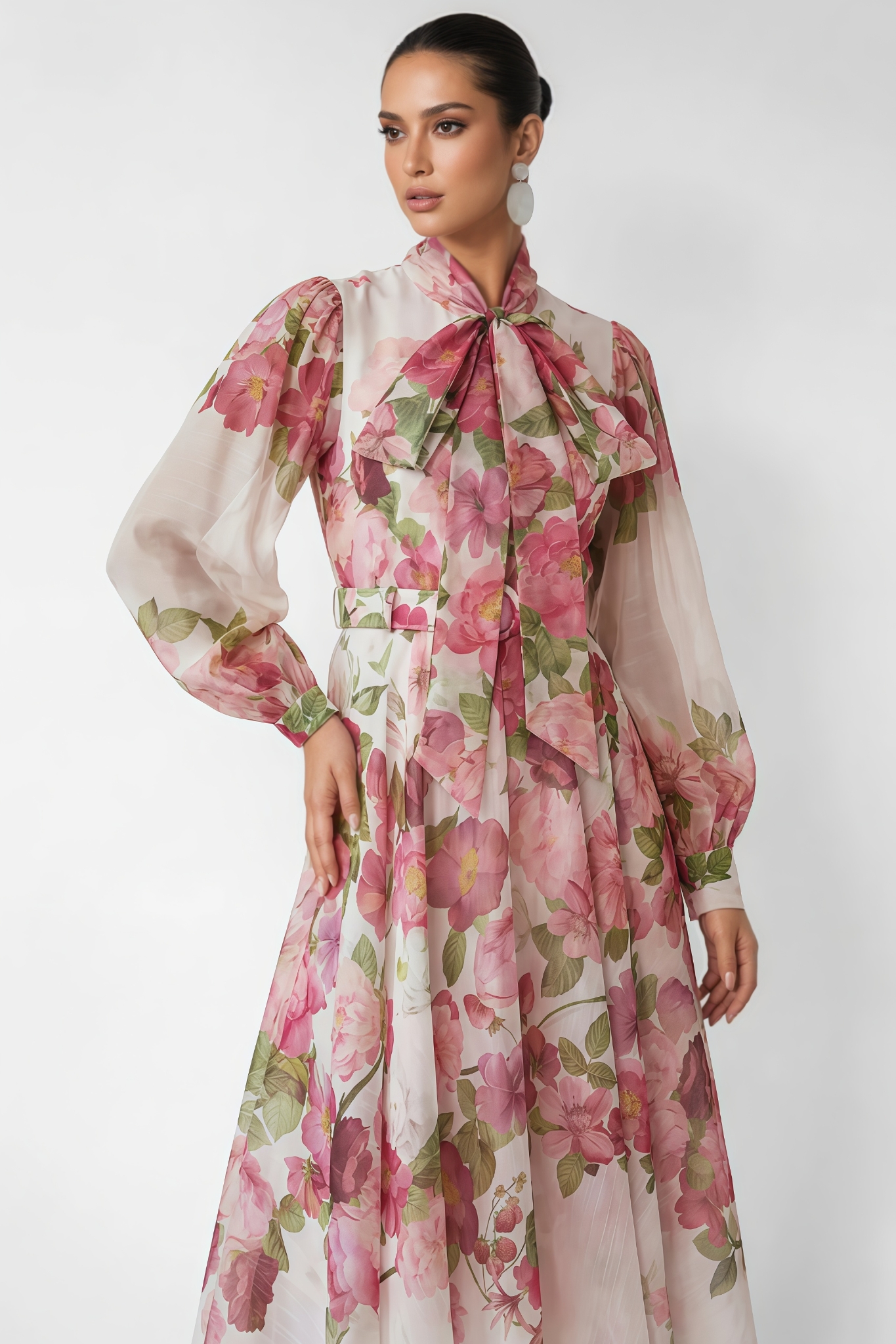 Unmety Pink Floral Print Bow Neck Maxi Dress