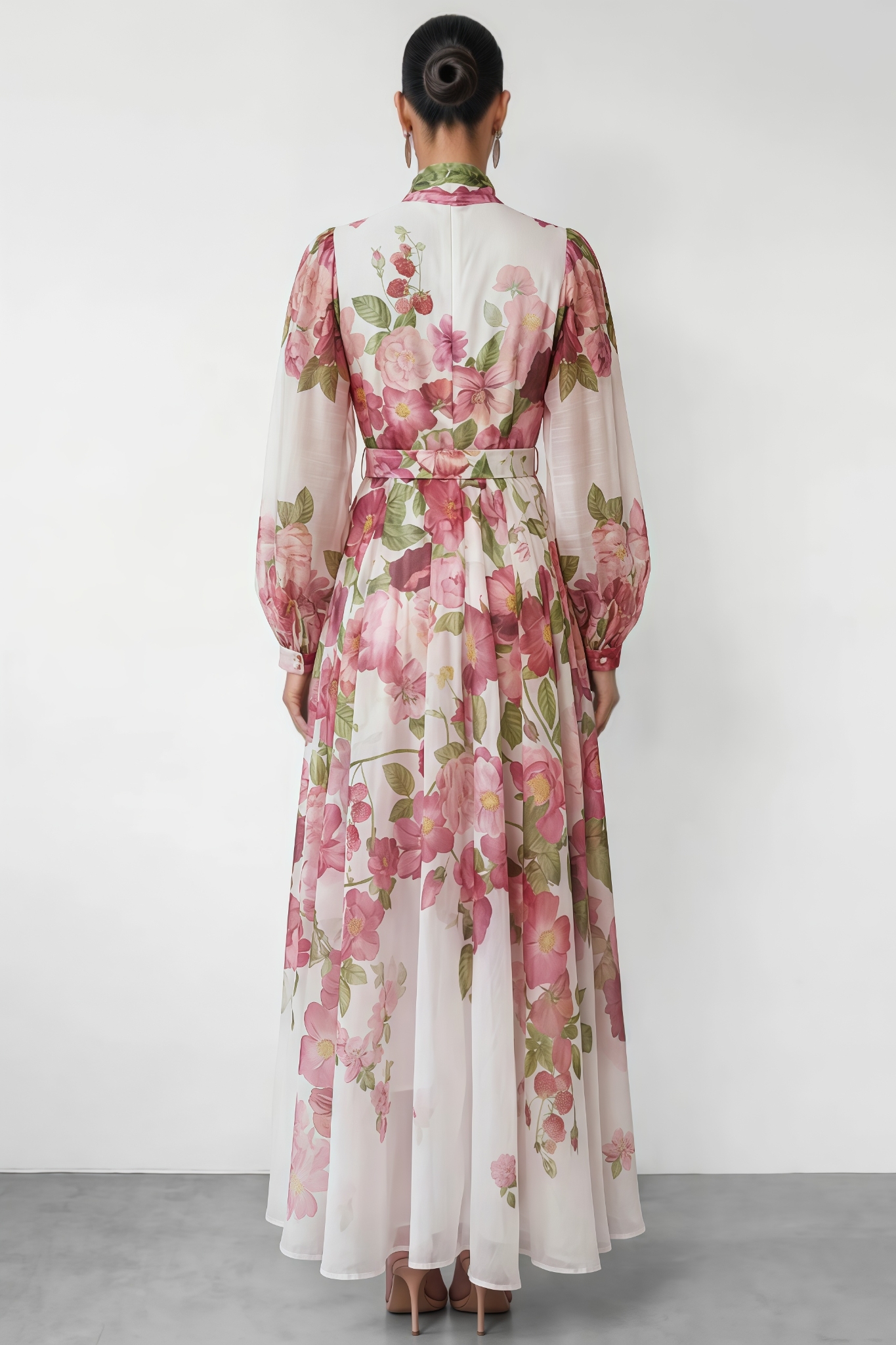 Unmety Pink Floral Print Bow Neck Maxi Dress