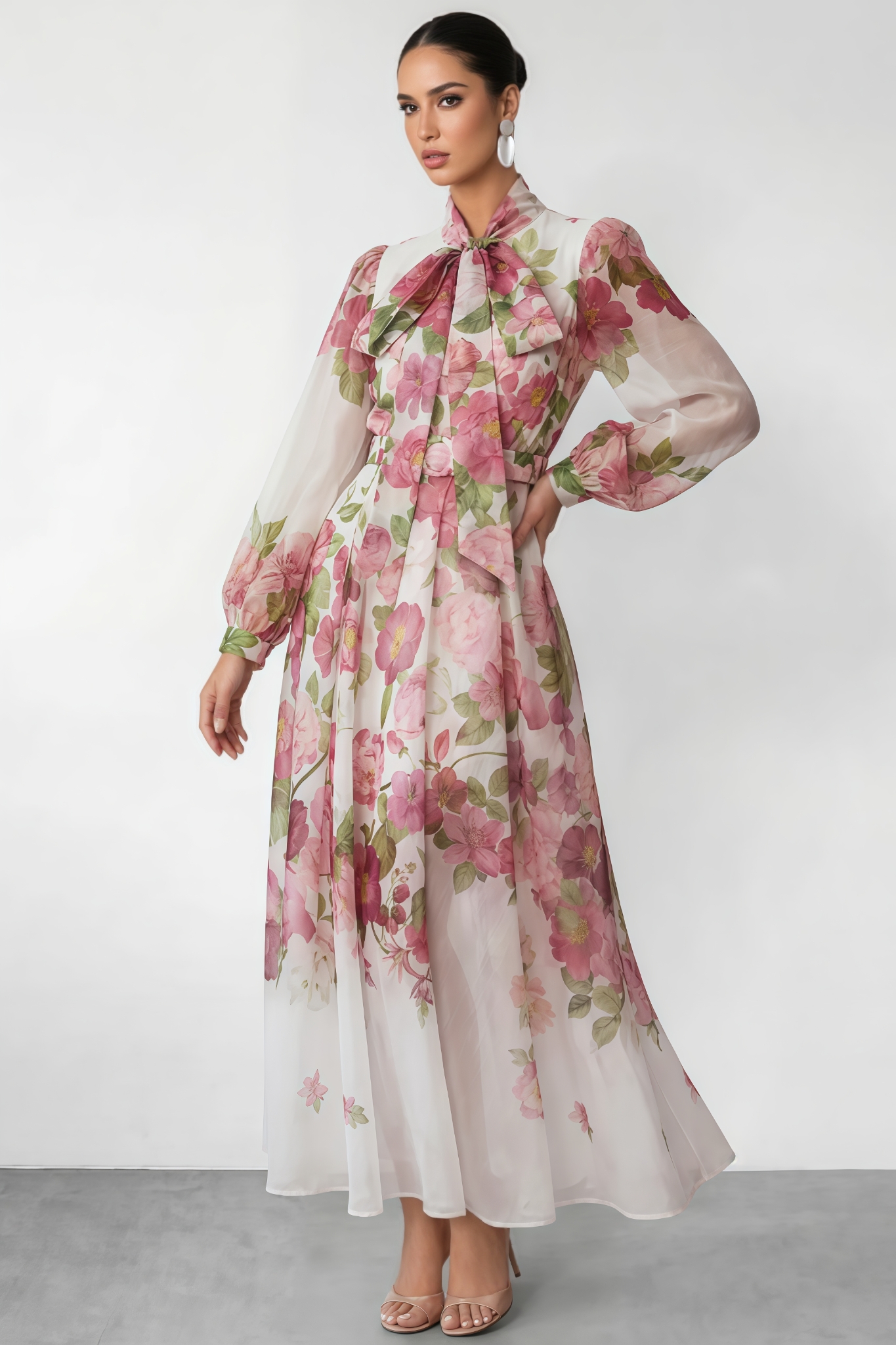 Unmety Pink Floral Print Bow Neck Maxi Dress