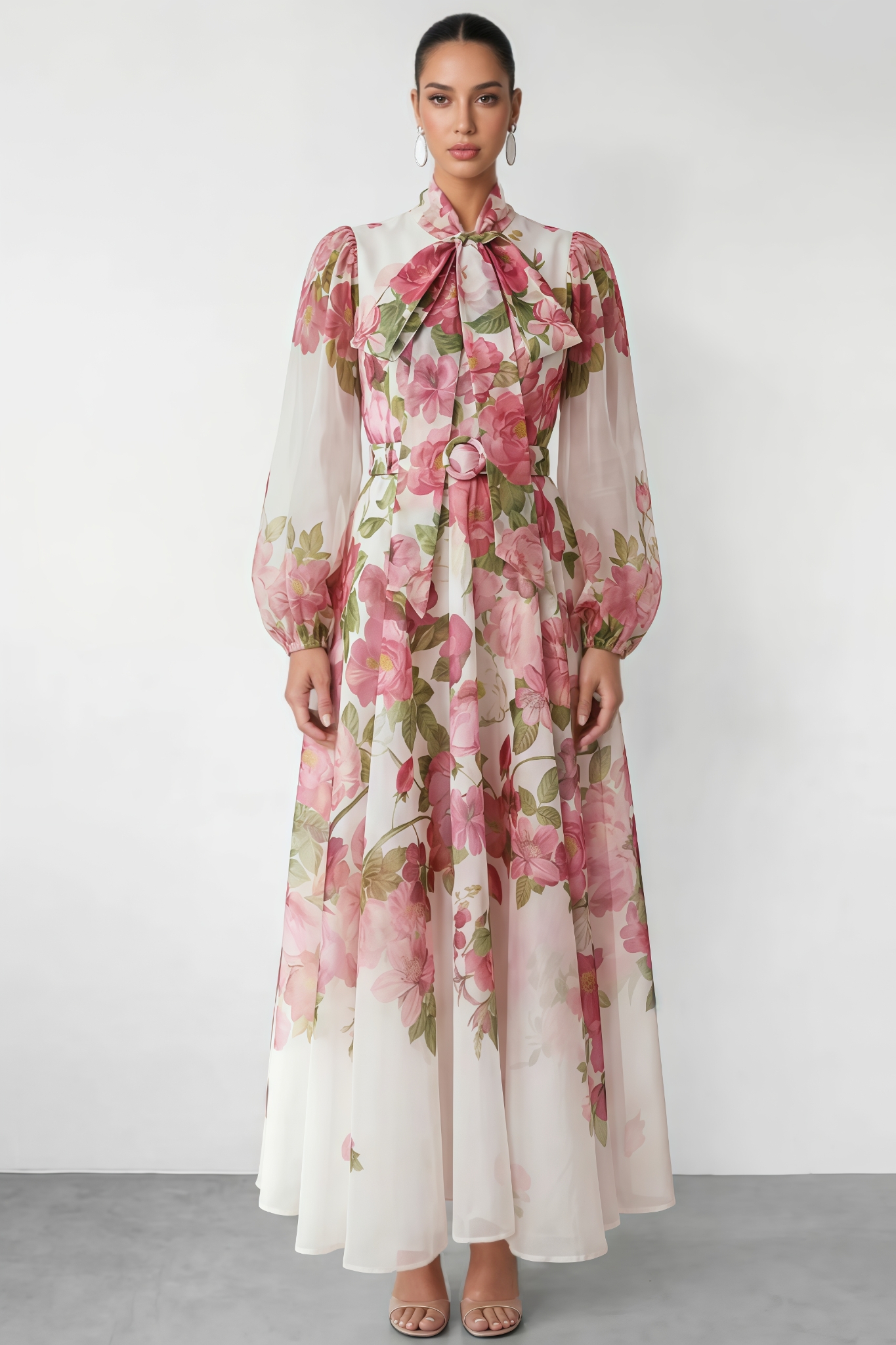 Unmety Pink Floral Print Bow Neck Maxi Dress