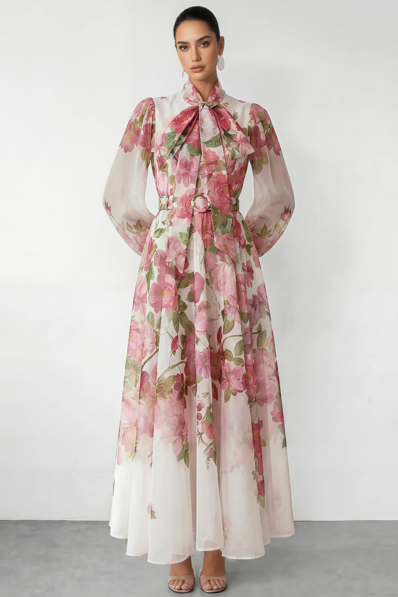 Unmety Pink Floral Print Bow Neck Maxi Dress