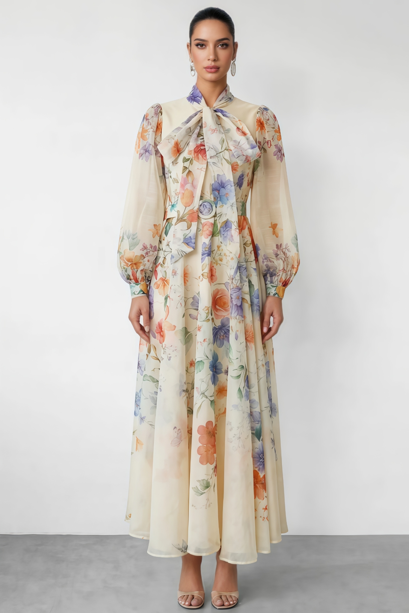 Mosant Beige Floral Print Puff Sleeve Maxi Dress