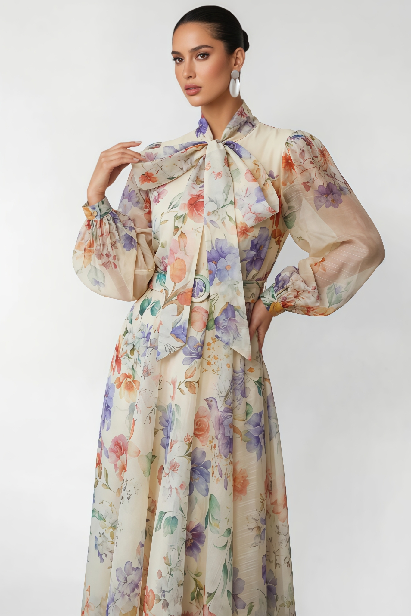 Mosant Beige Floral Print Puff Sleeve Maxi Dress