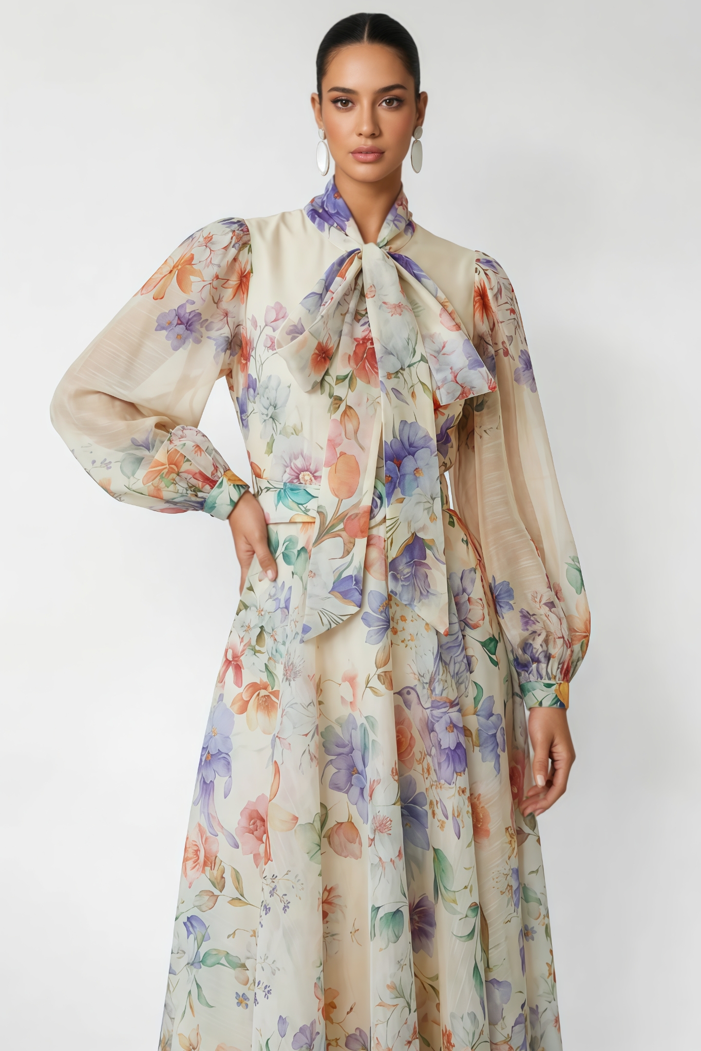 Mosant Beige Floral Print Puff Sleeve Maxi Dress