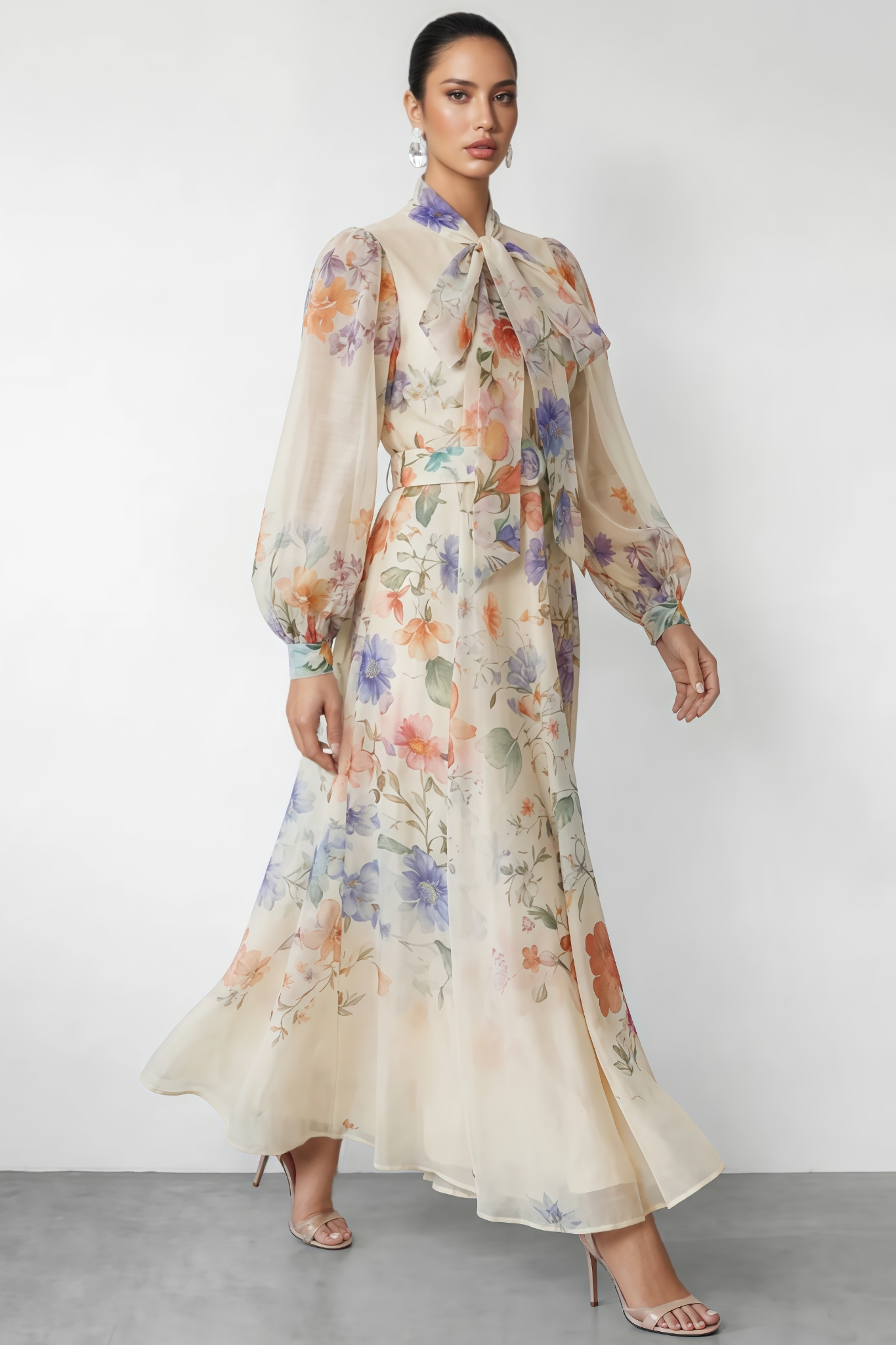 Mosant Beige Floral Print Puff Sleeve Maxi Dress