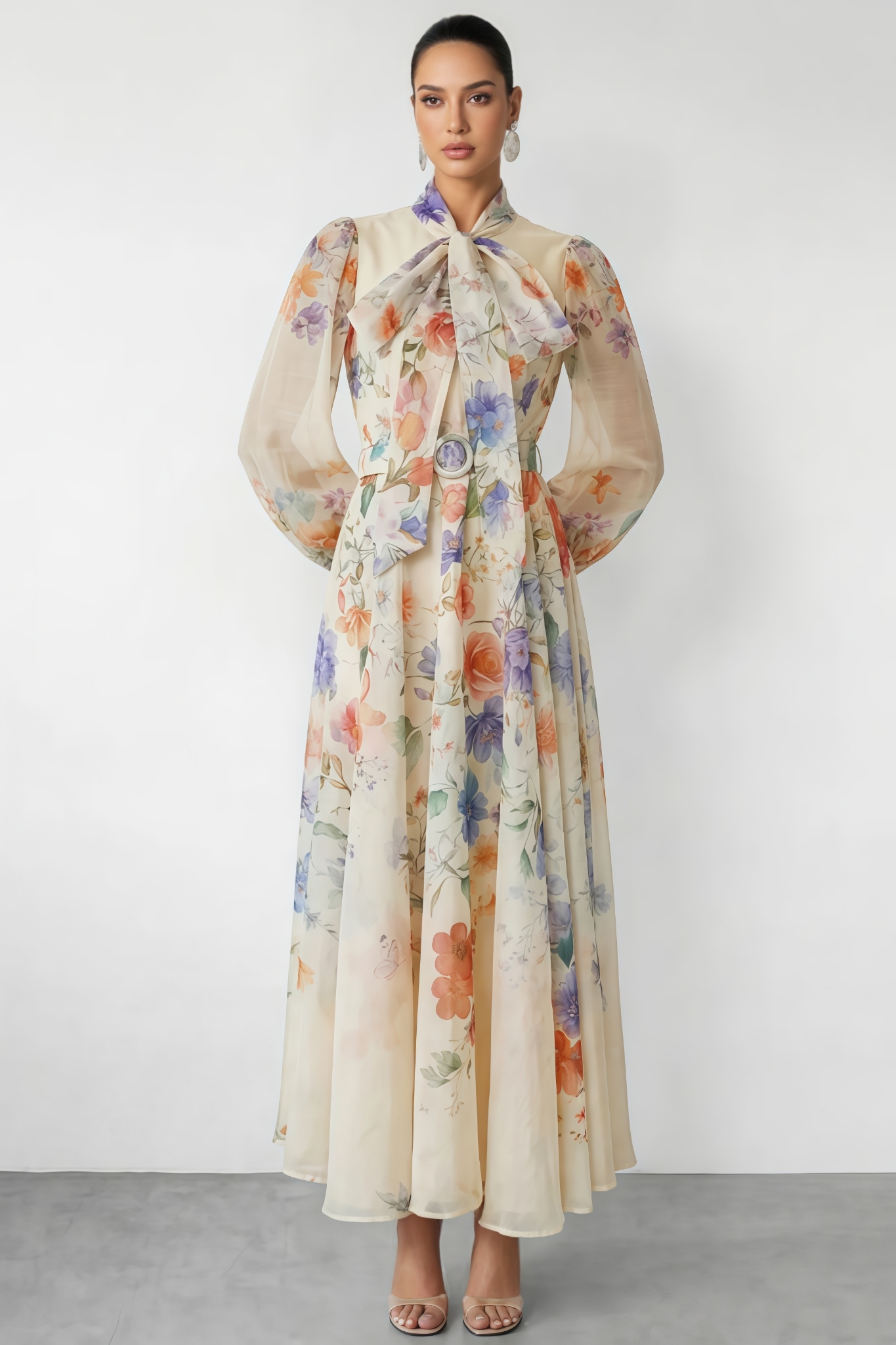Mosant Beige Floral Print Puff Sleeve Maxi Dress