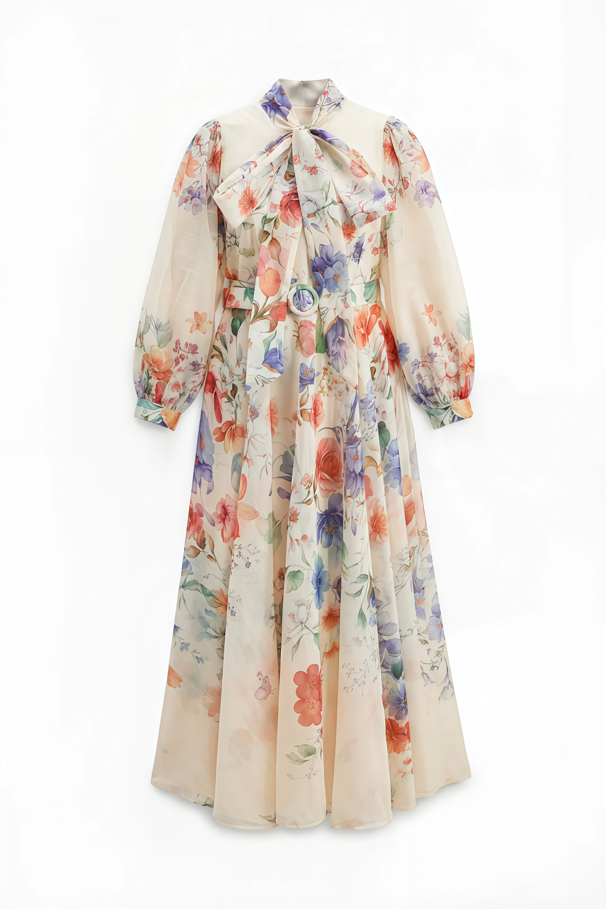Mosant Beige Floral Print Puff Sleeve Maxi Dress