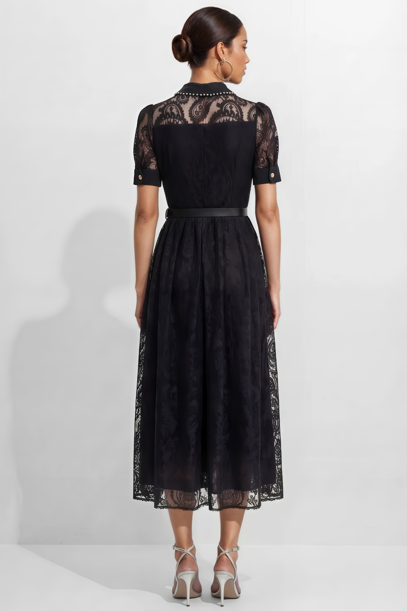Runthe Black Lapel Collar Lace Maxi Dress