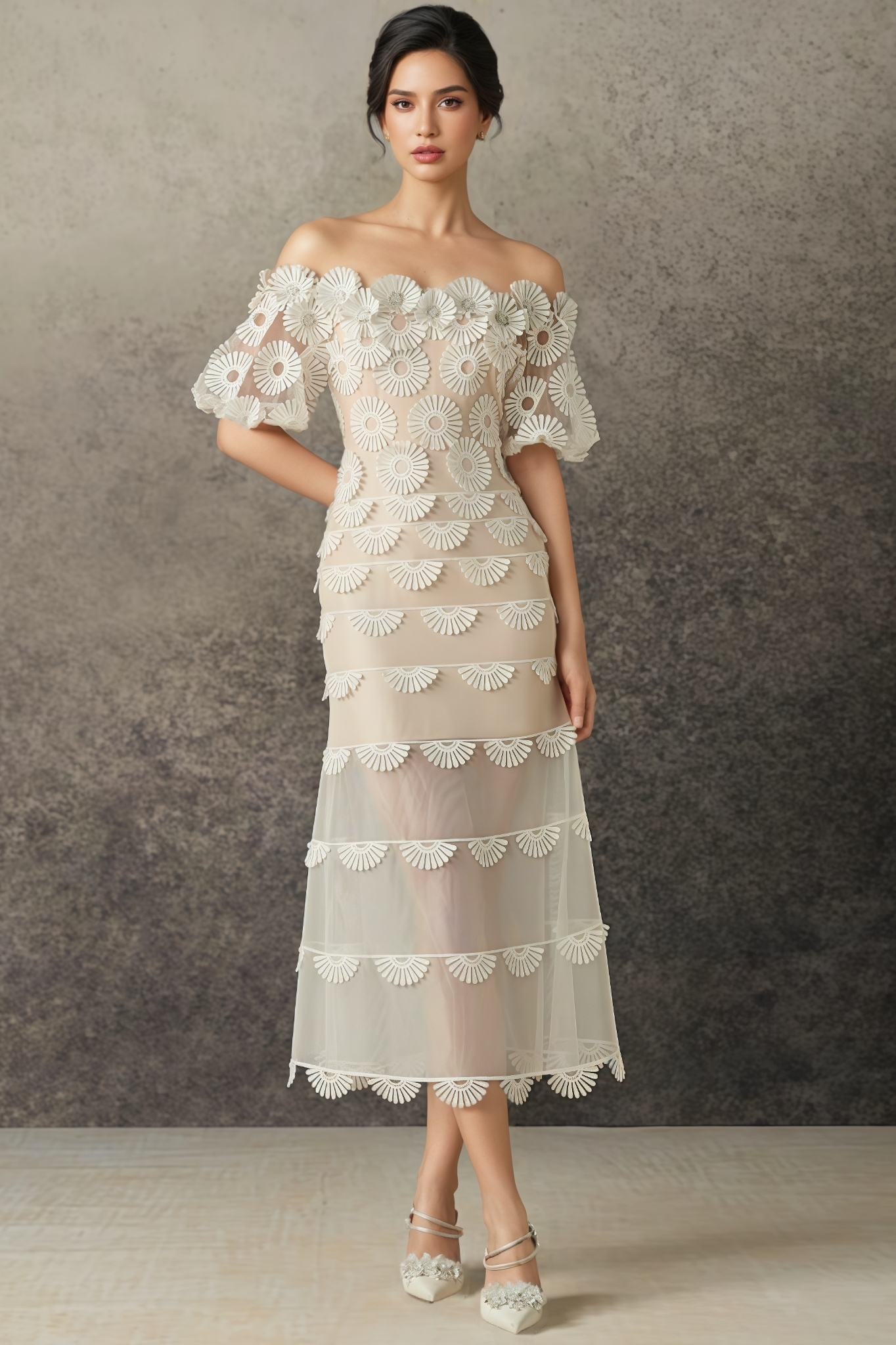Eva 3D Floral Mesh Lace Midi Dress