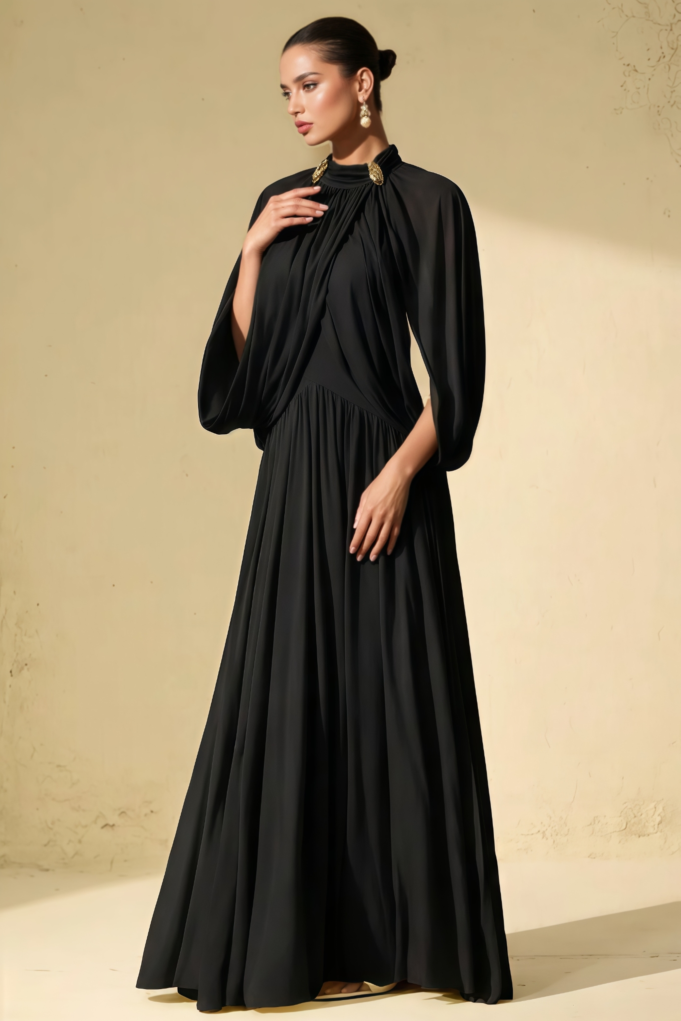 Vinad Black Draped Cape Sleeve Knit Maxi Dress