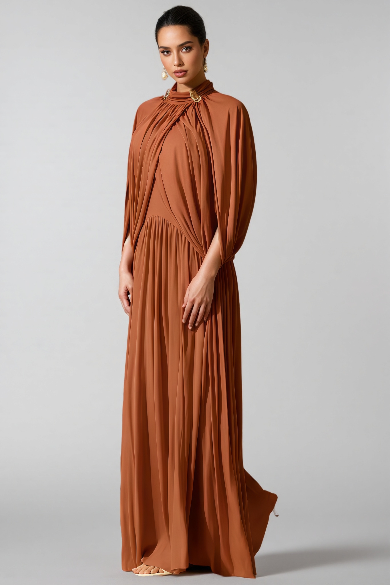 Kelisk Brown Draped Cape Sleeve Knit Maxi Dress