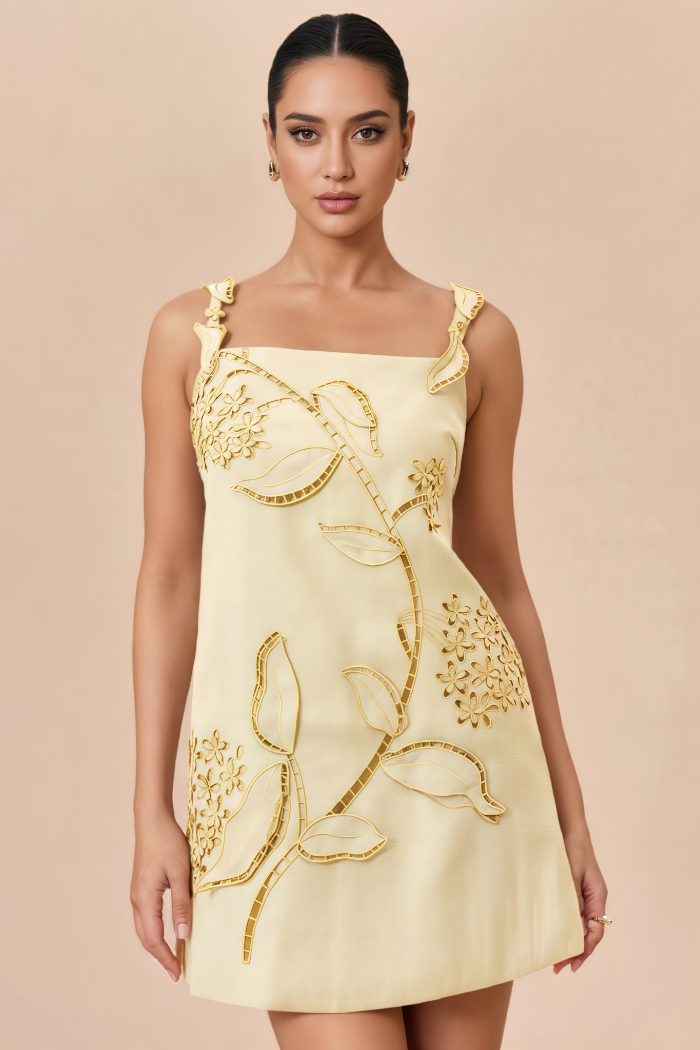 Fhalassa Beige Halter Embroidered Mini Dress