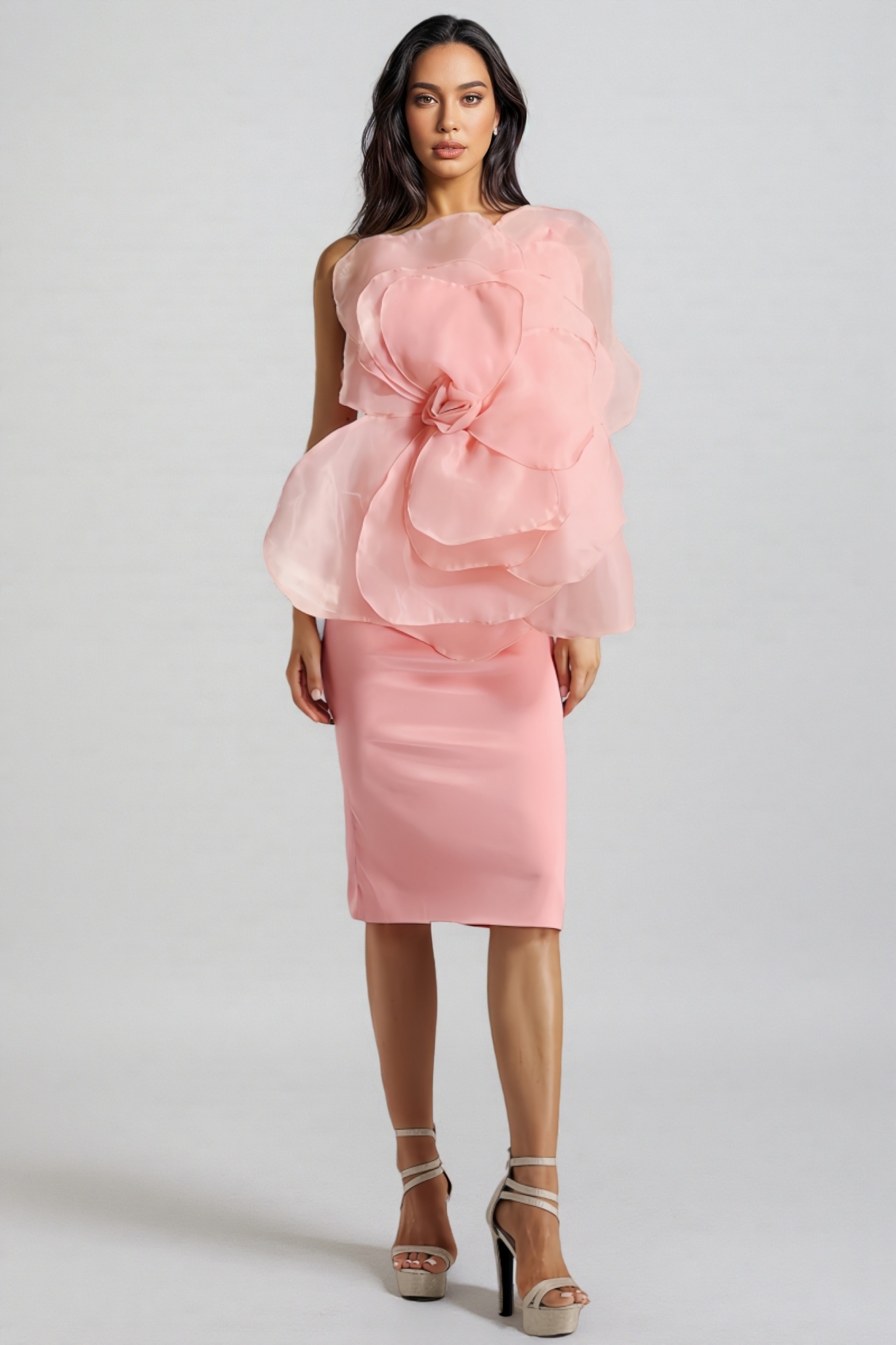 Alaya Slant Shoulder 3D Floral Midi Dress-Pink