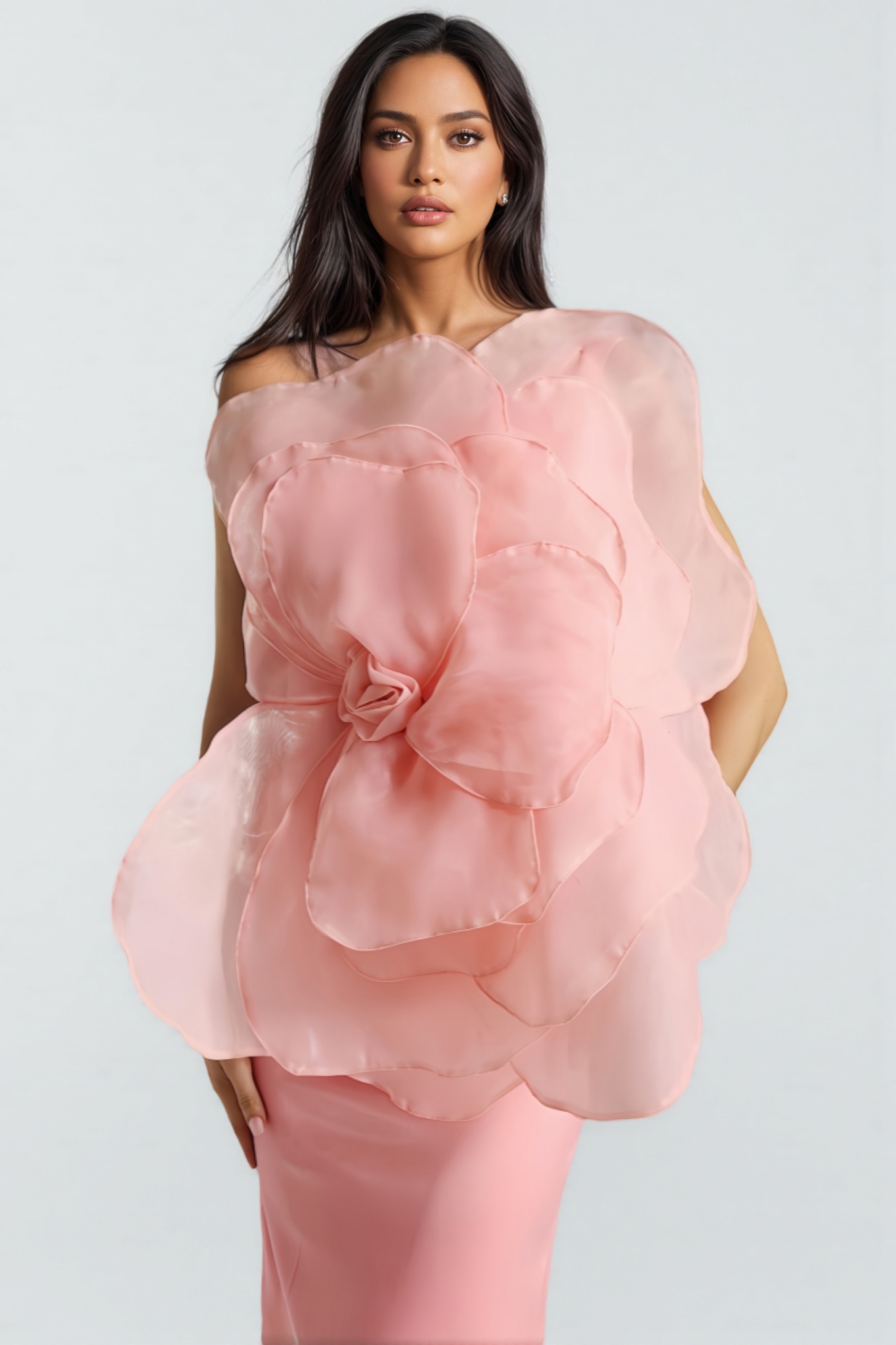 Alaya Slant Shoulder 3D Floral Midi Dress-Pink