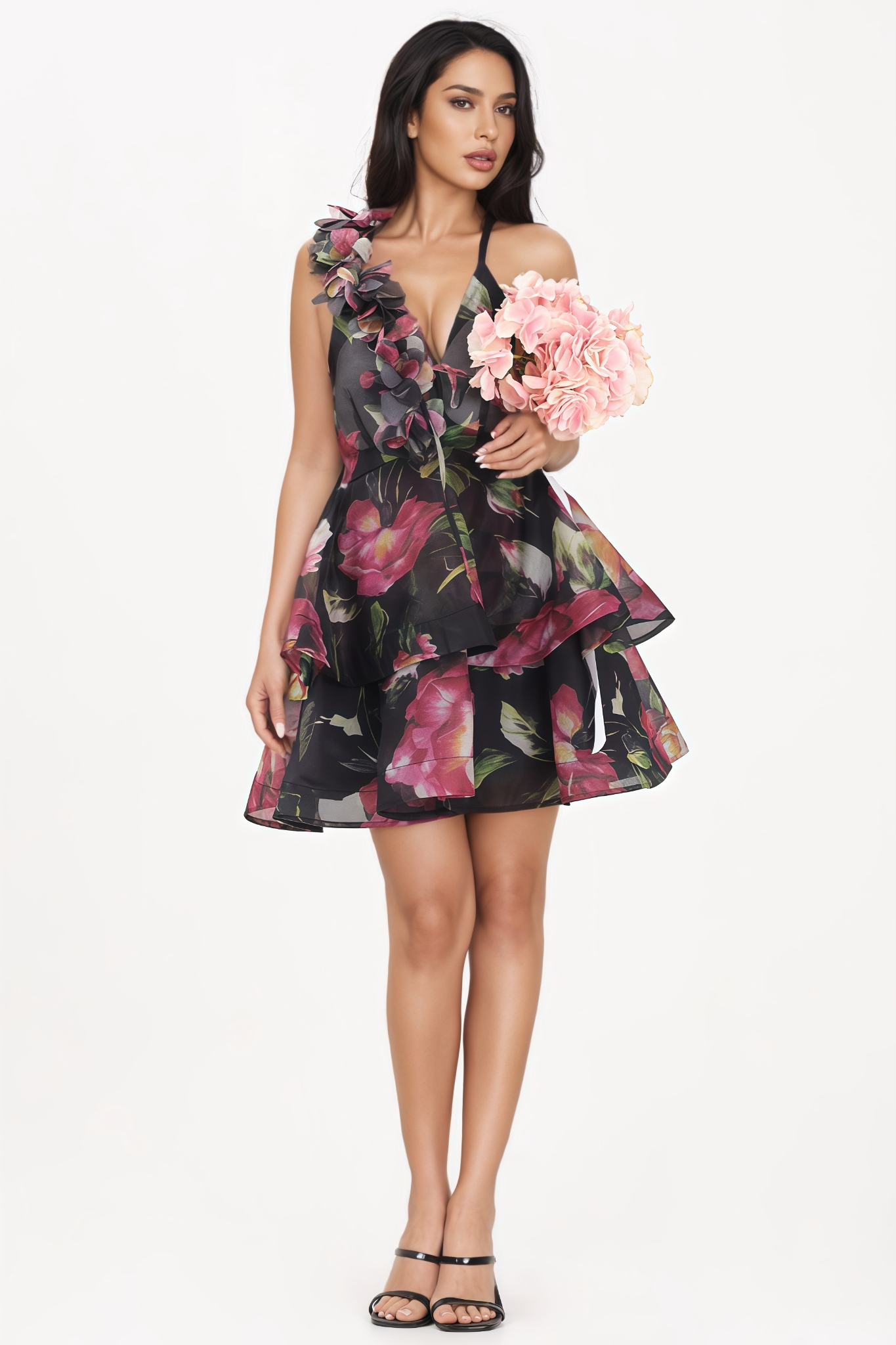 Lunces Black Floral Print Mini Dress