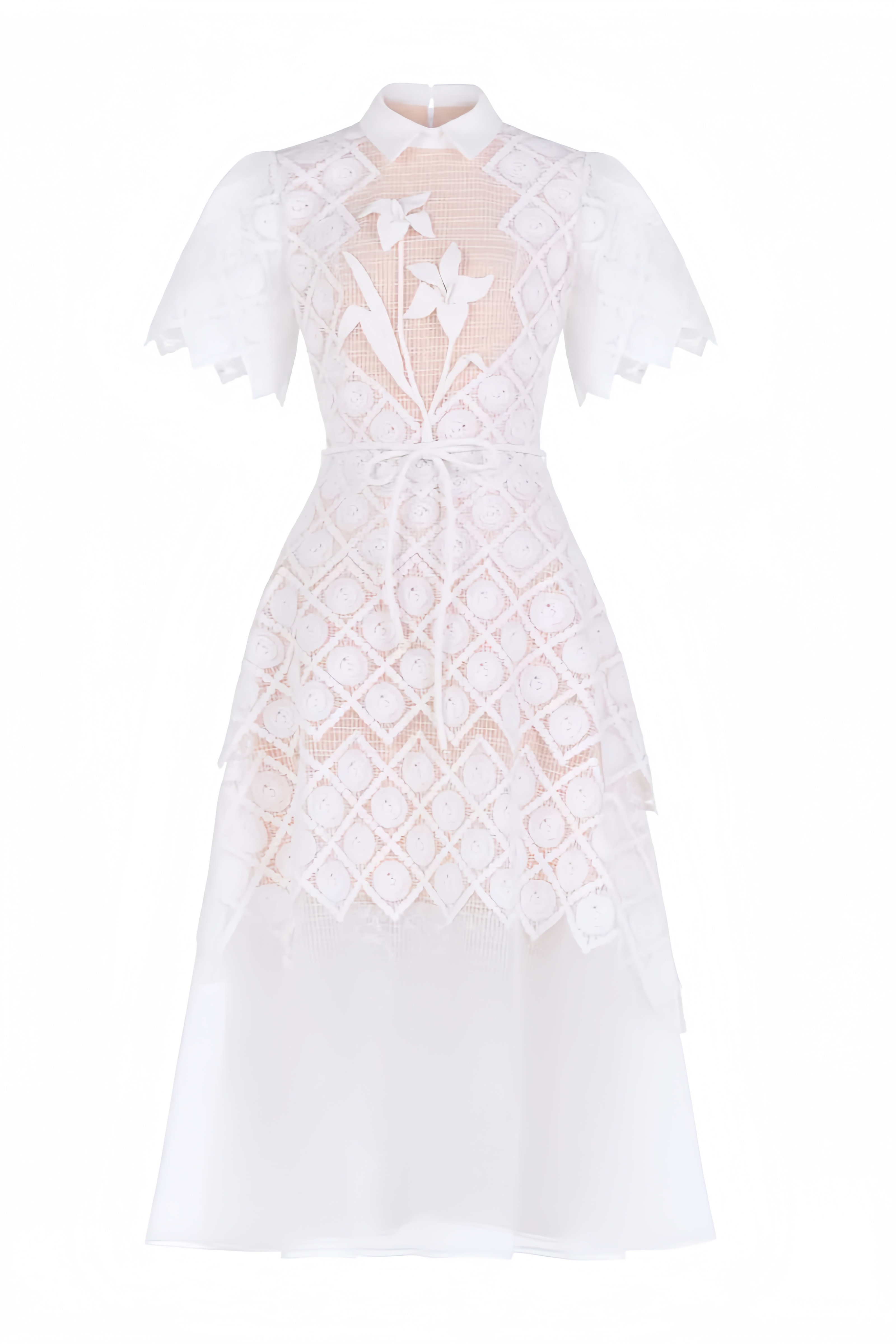 Starla White Short Sleeve Lace Embroidered Midi Dress