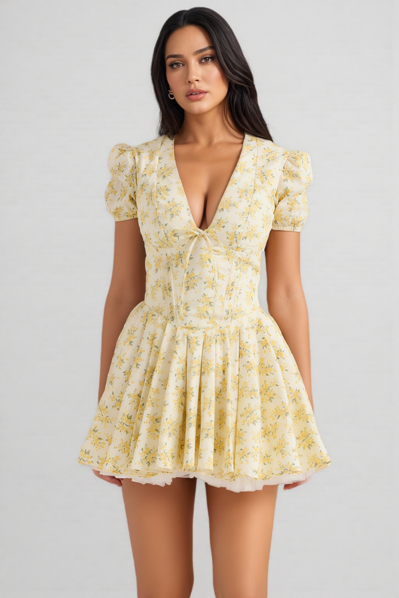 Korel Yellow Short Sleeve Floral Mini Dress