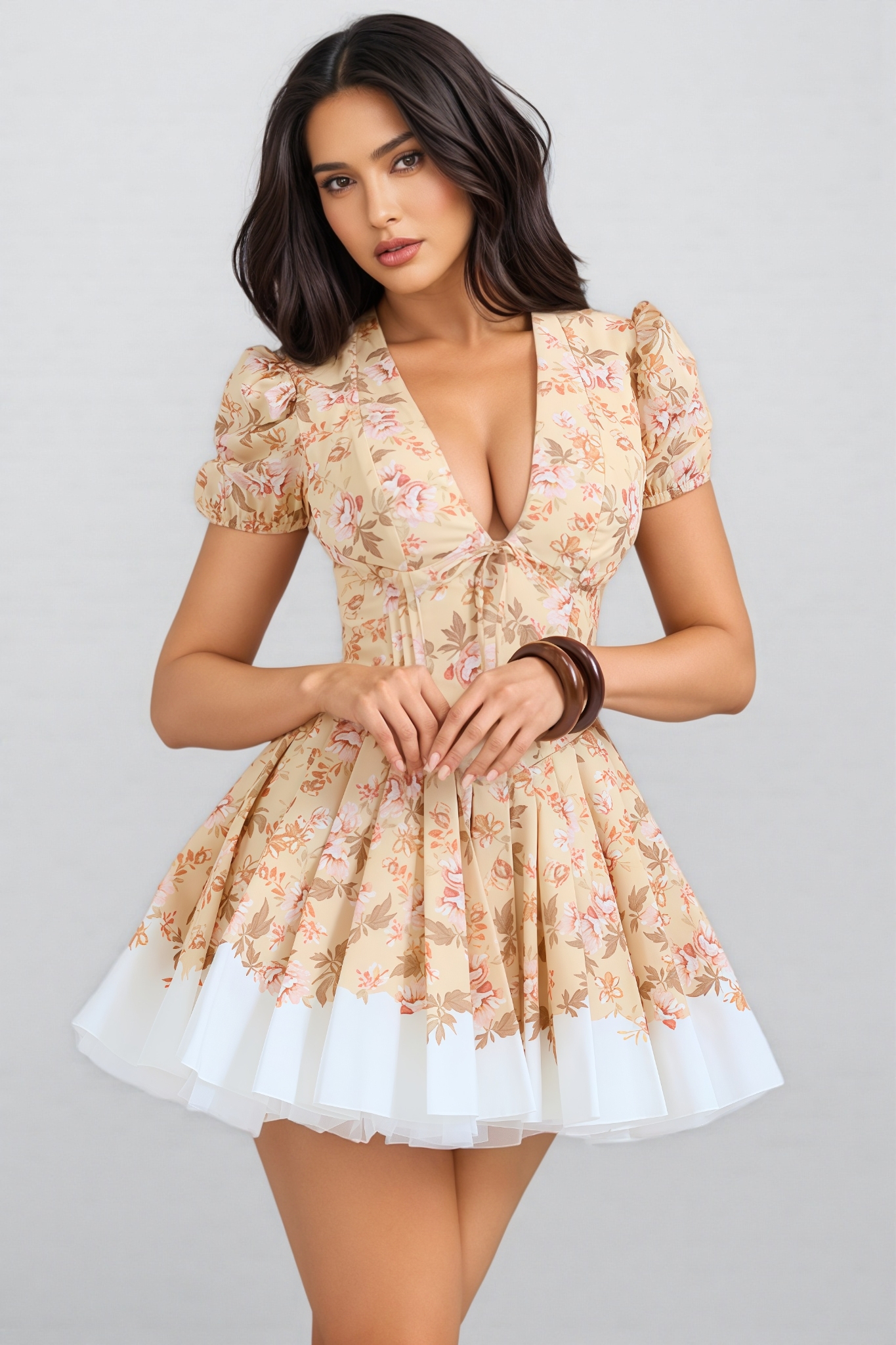 Maryst Beige Short Sleeve Floral Mini Dress