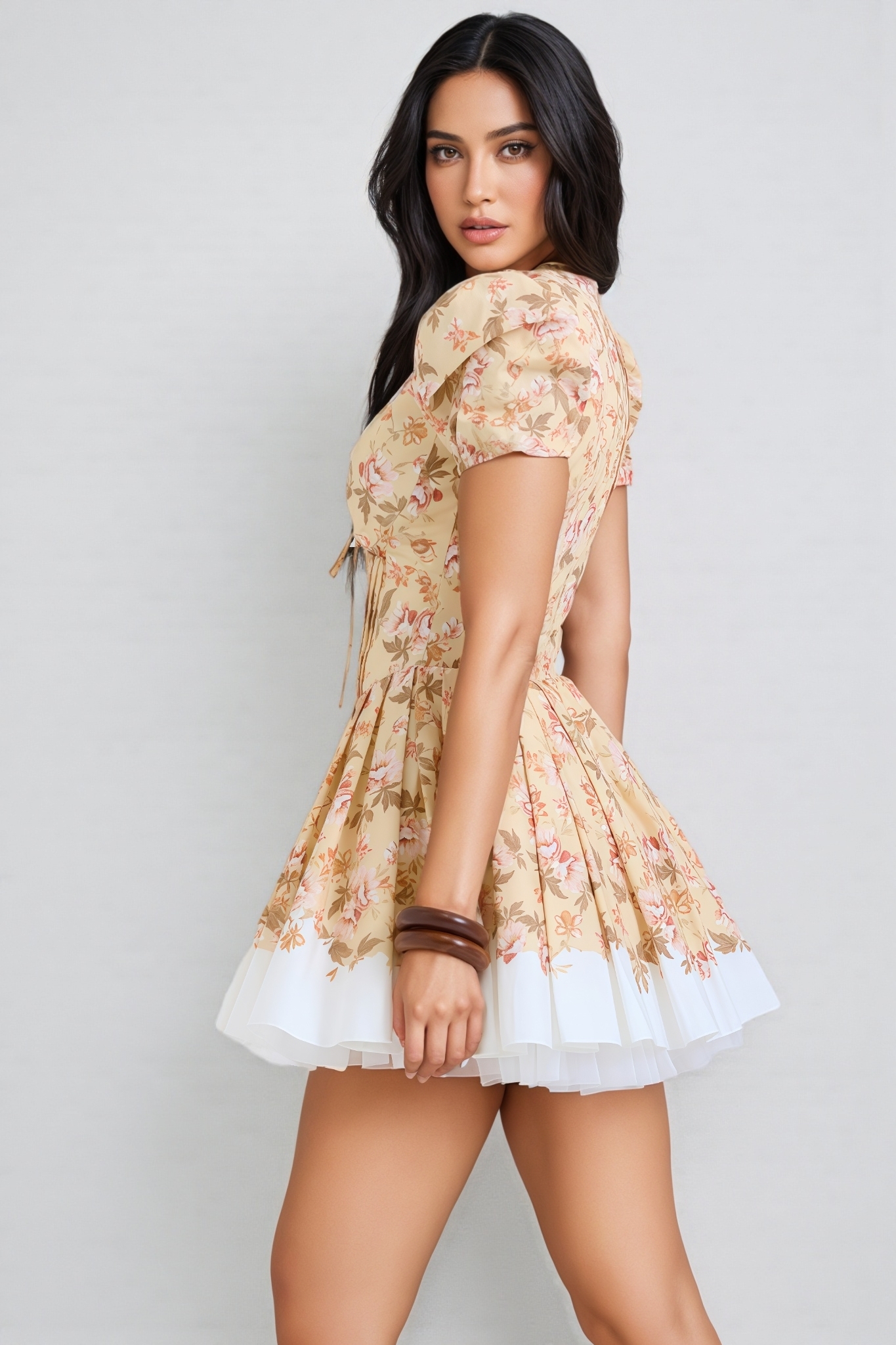 Maryst Beige Short Sleeve Floral Mini Dress