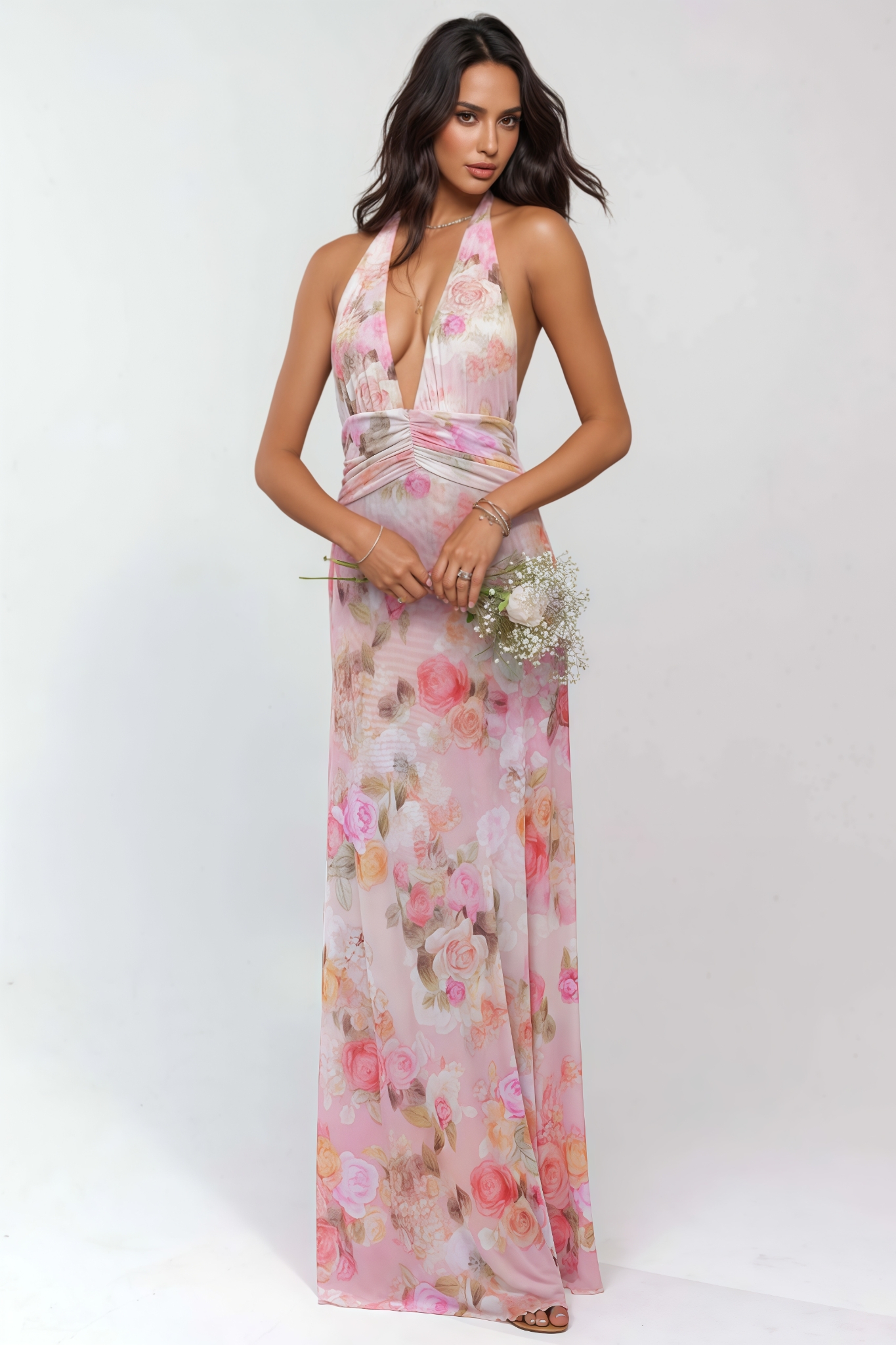 Sophia Pink Floral Backless Maxi Dress