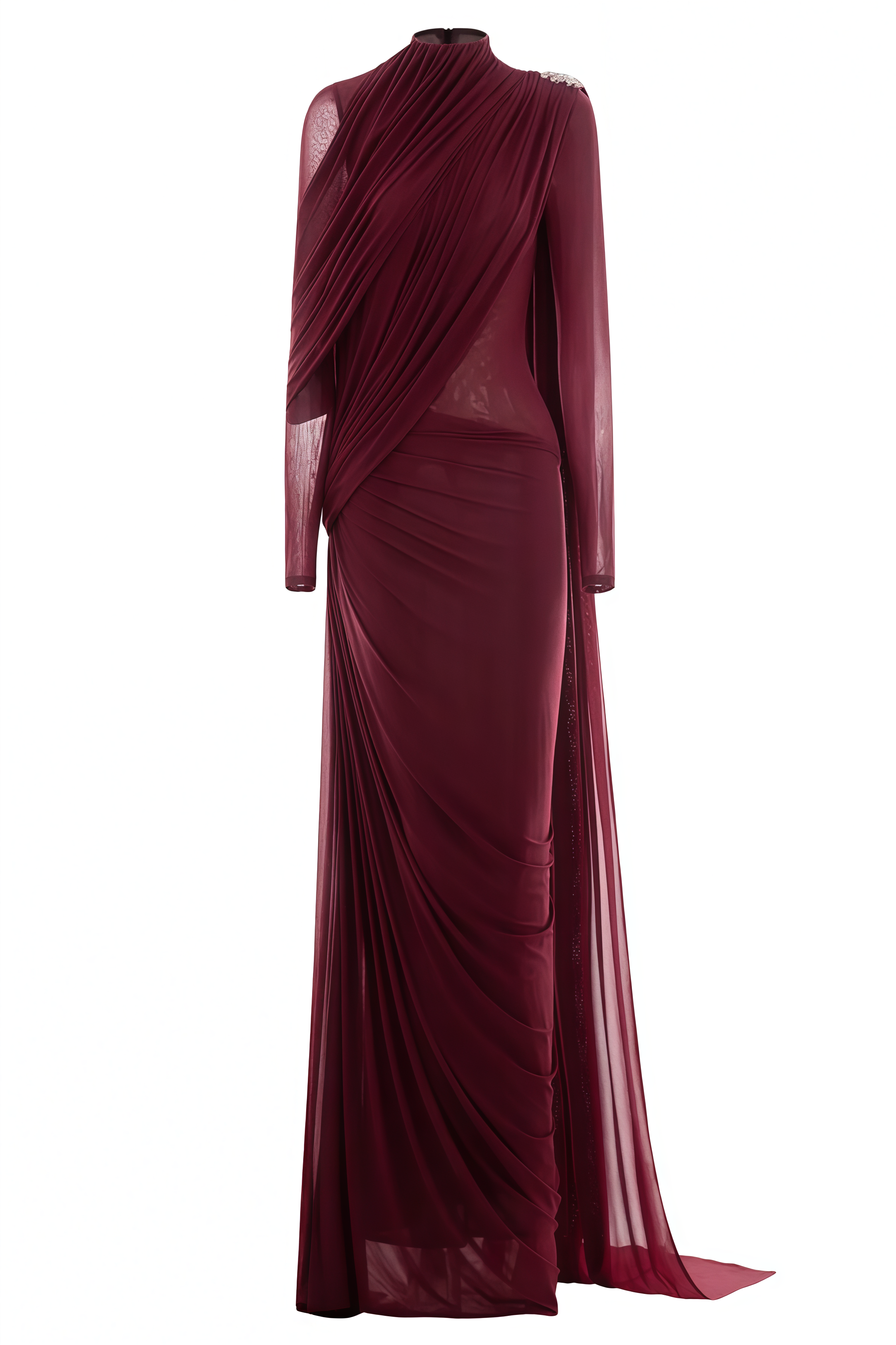 Meran Red Asymmetric Draped Cape Maxi Dress