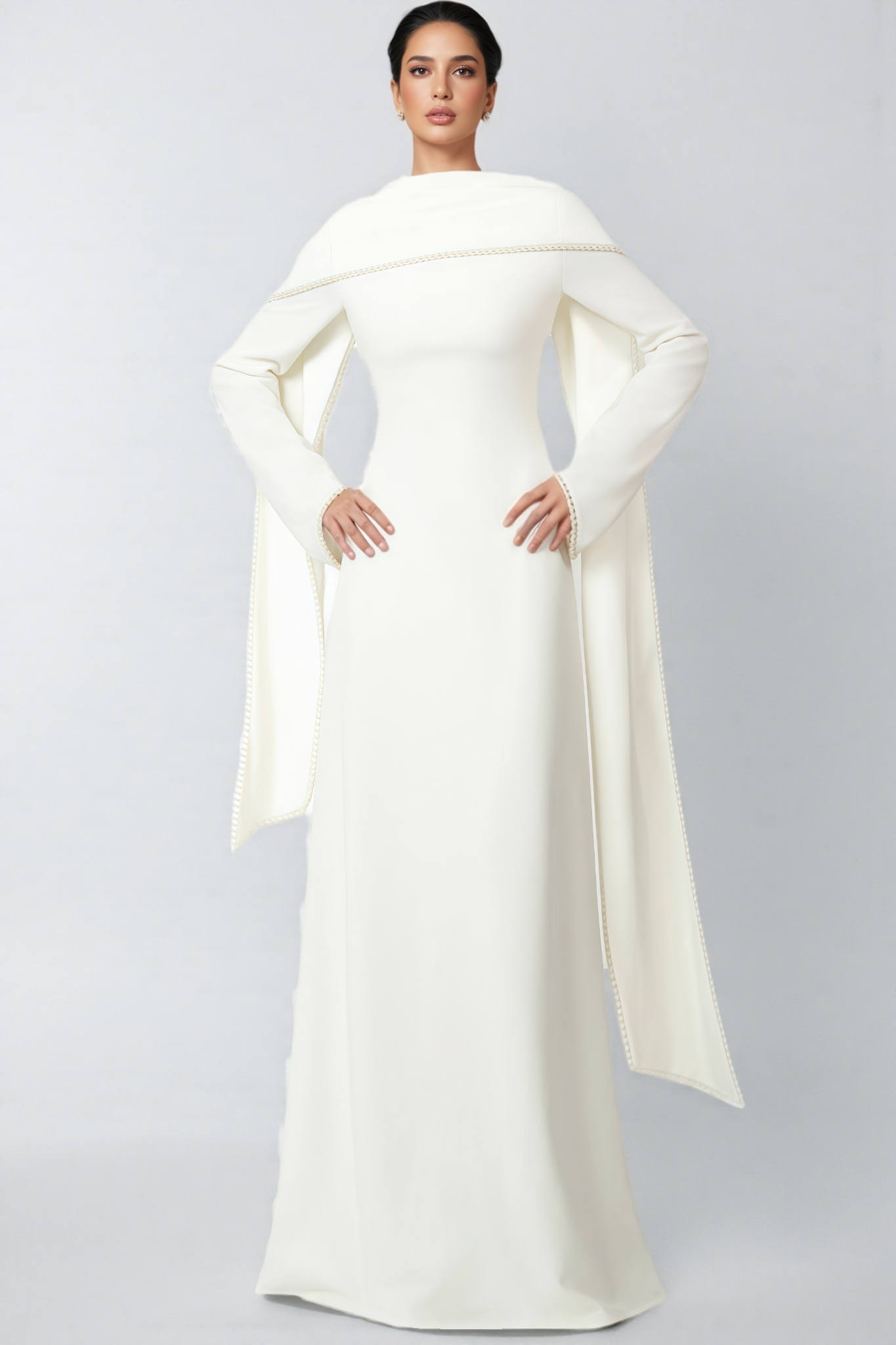 Jupiter White Pearl Trim Shawl Detail Maxi Dress