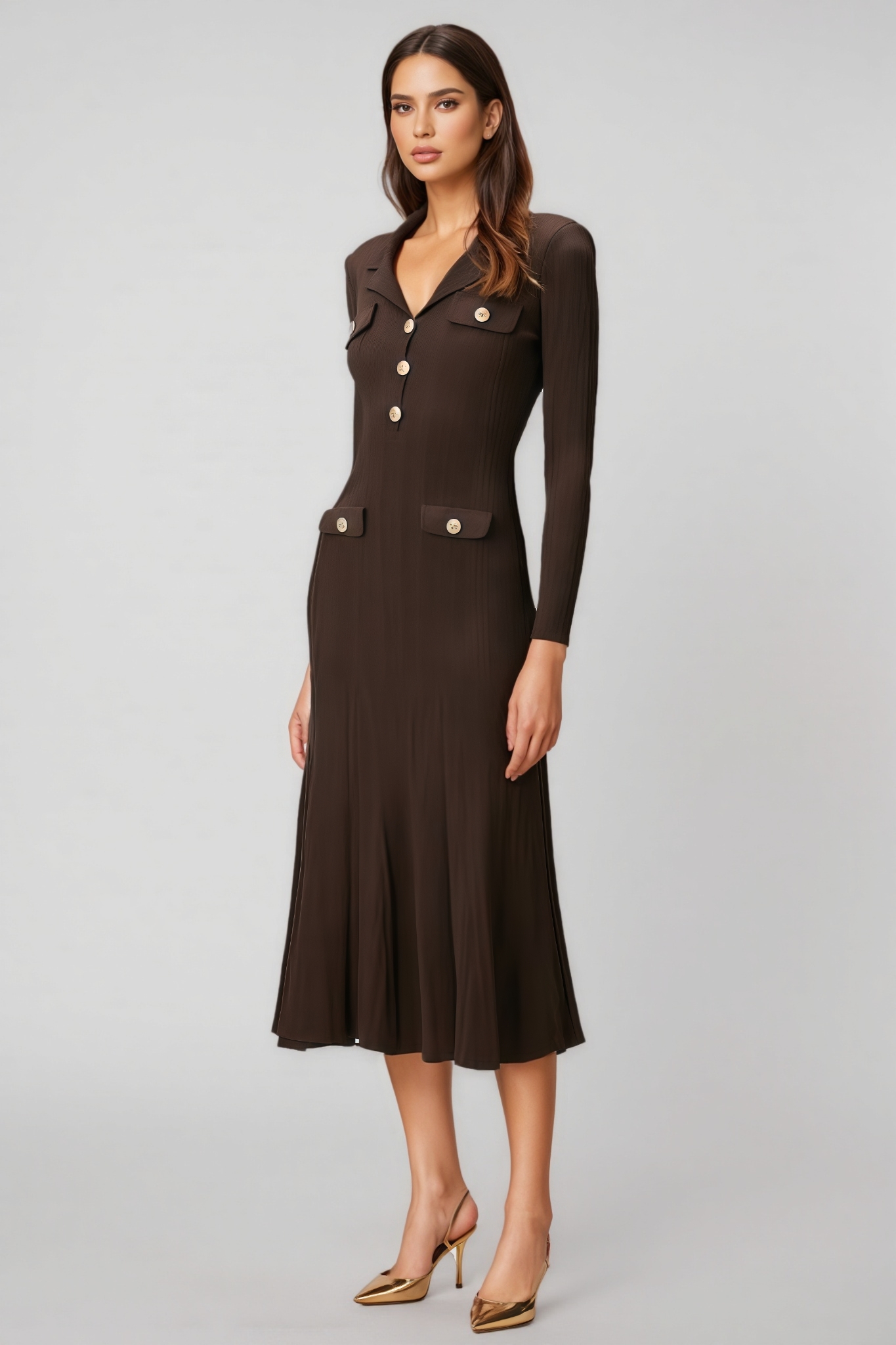 Kahlani Brown Long Sleeve Knit Midi Dress