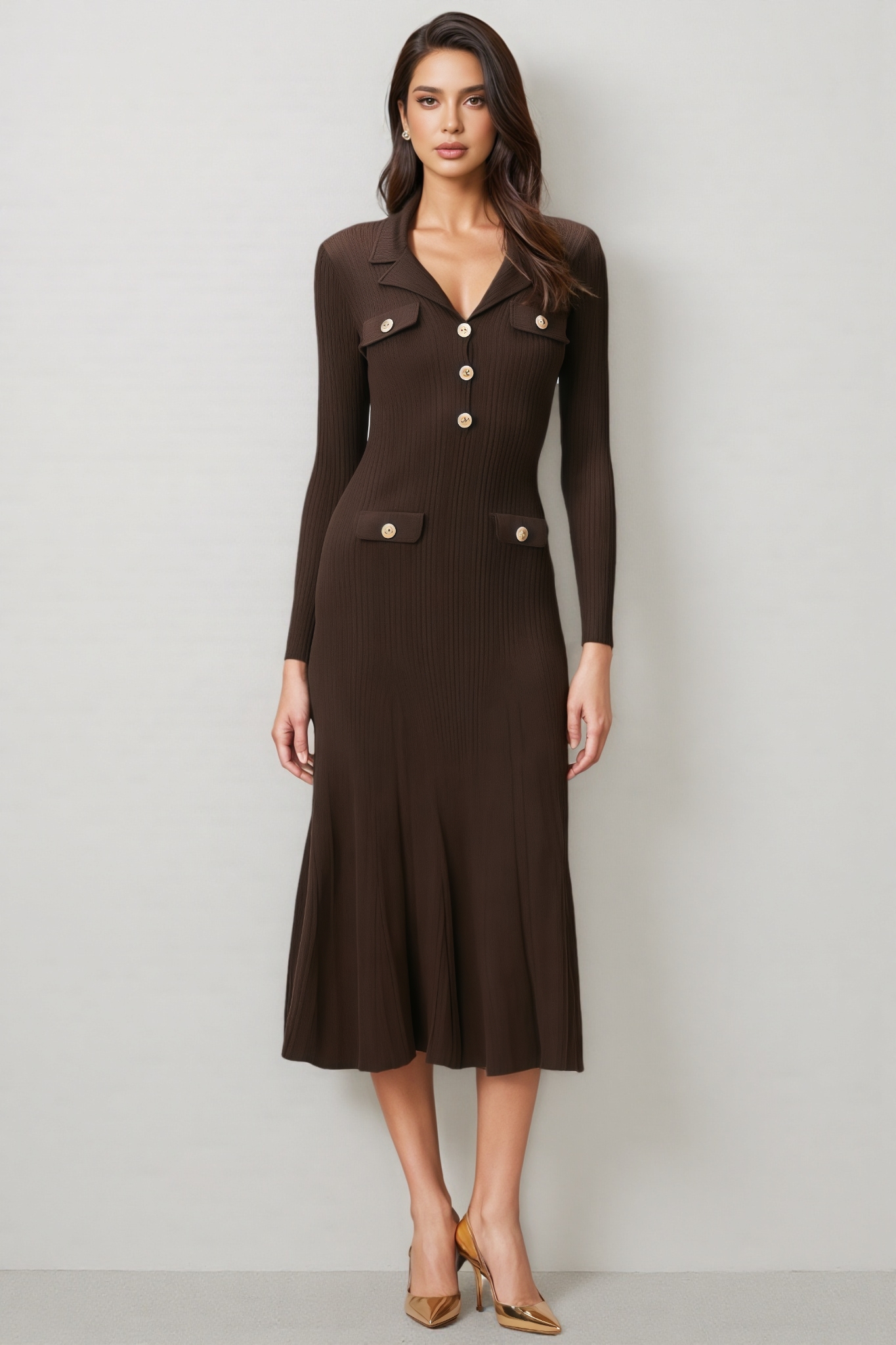 Kahlani Brown Long Sleeve Knit Midi Dress