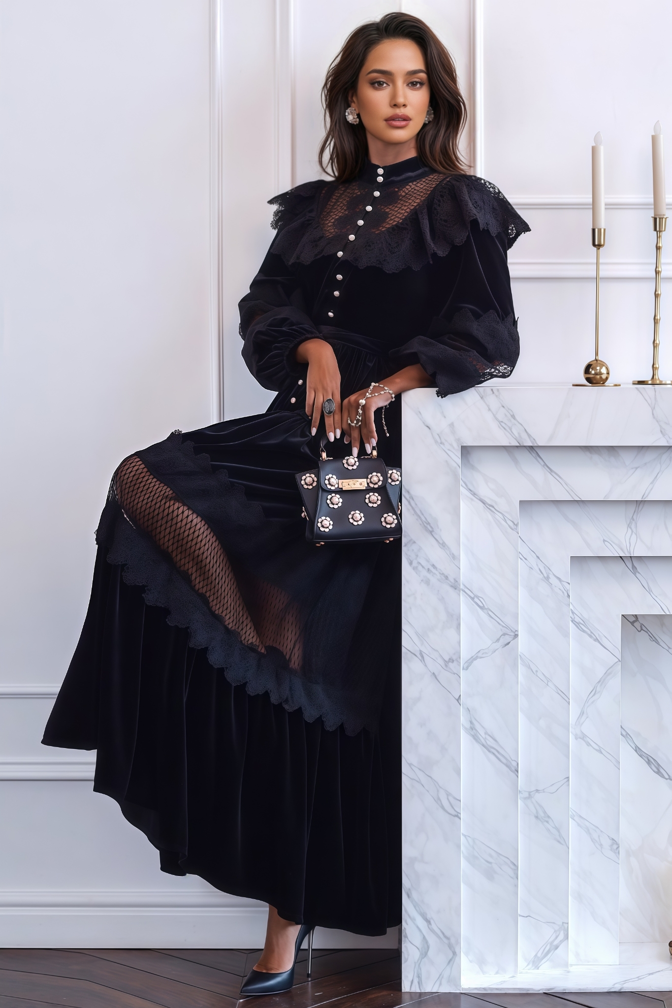 Sorelf Lace Floral Cutout Maxi Dress