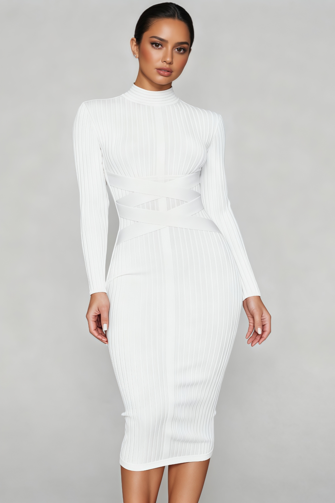 Rajiv White Stand Collar Midi Dress