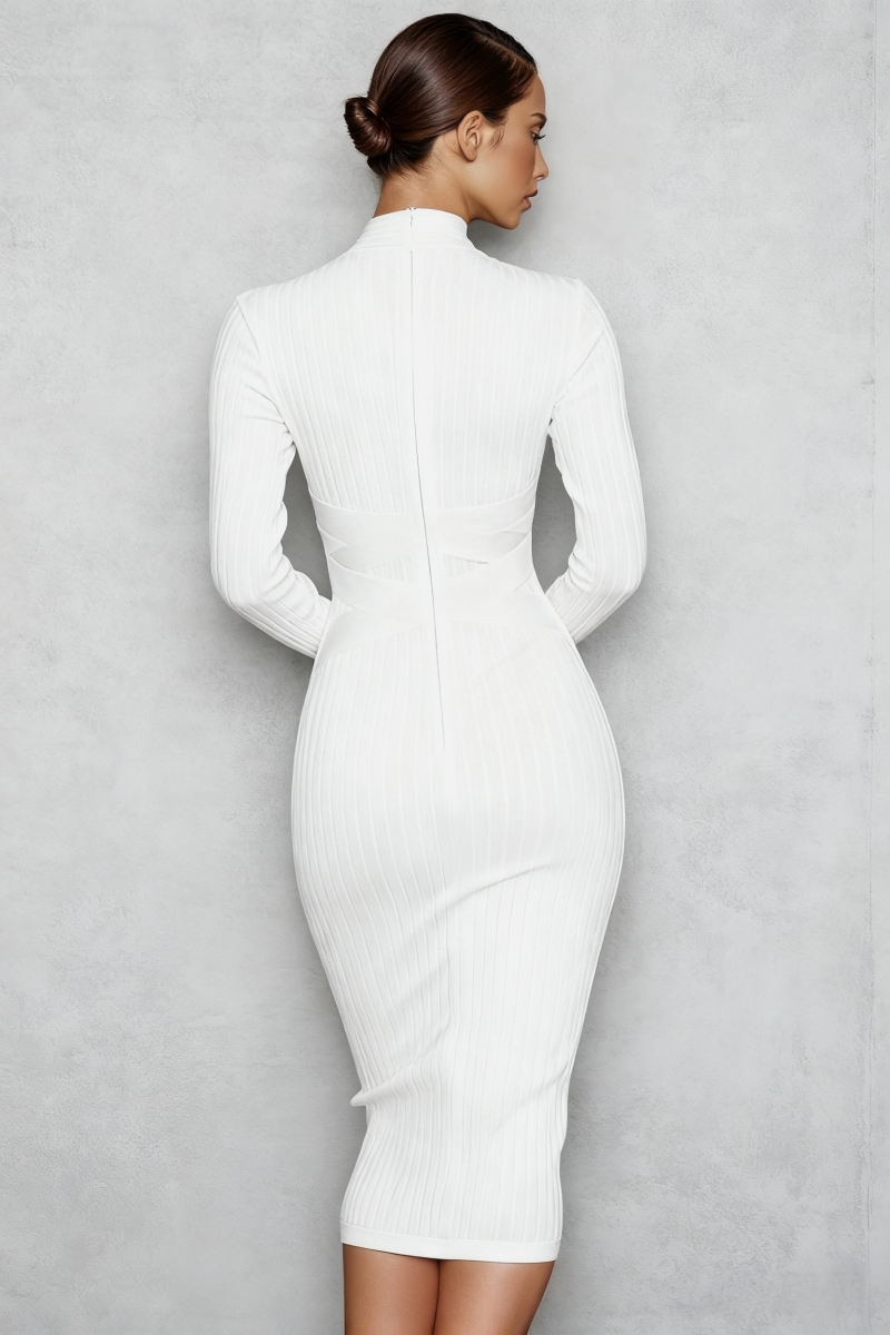 Rajiv White Stand Collar Midi Dress