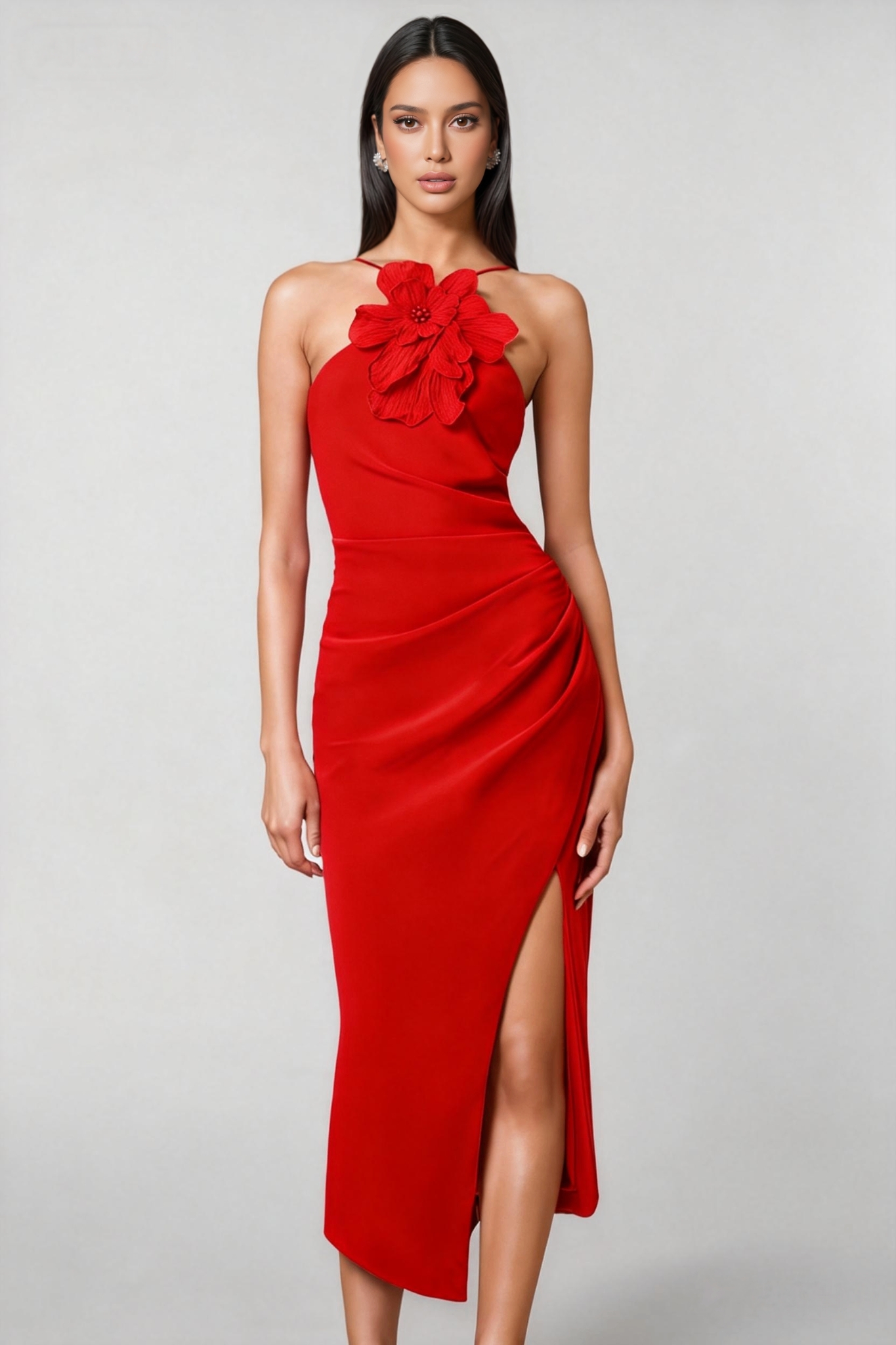 Jocelyne Red 3D Floral Midi Dress