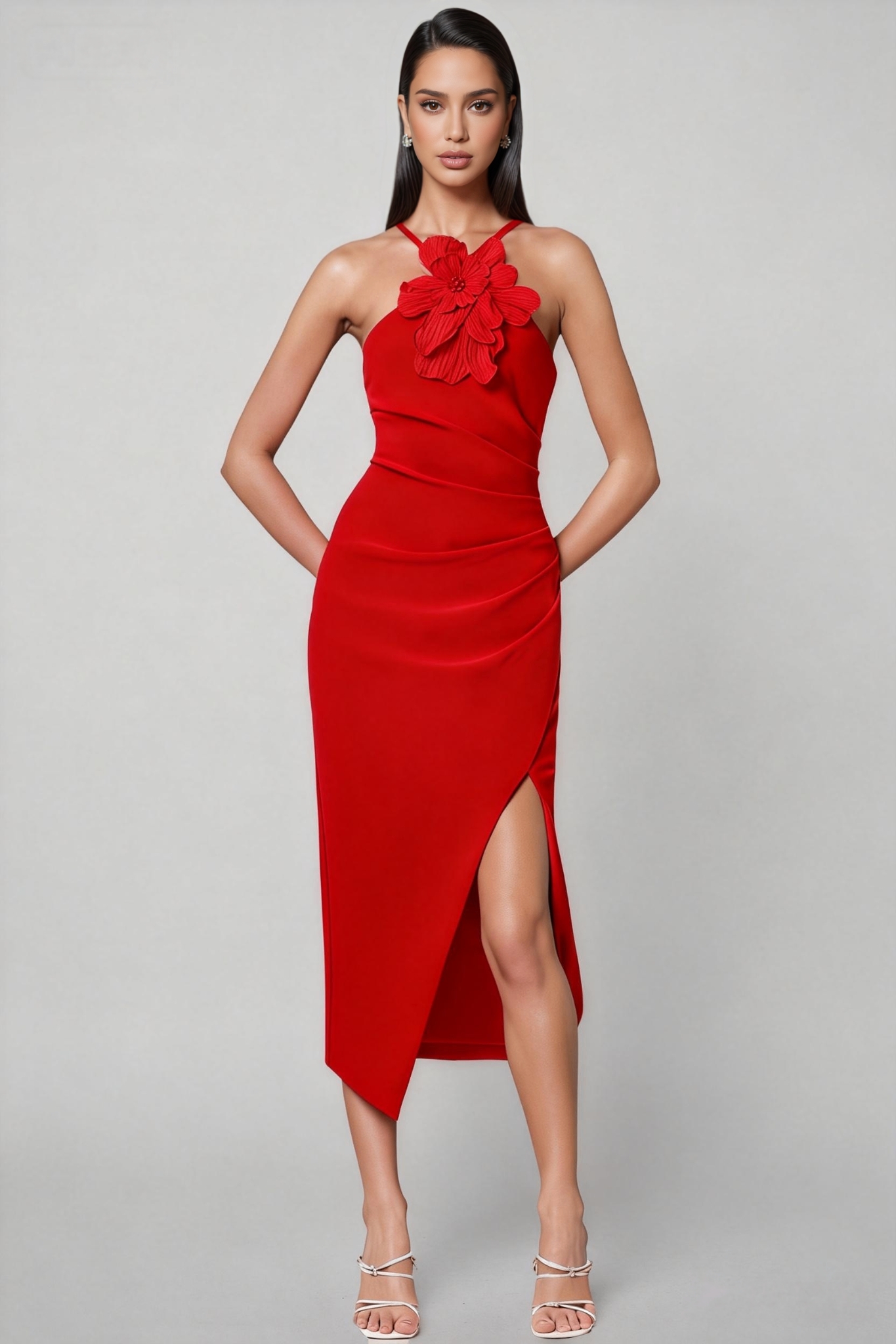 Jocelyne Red 3D Floral Midi Dress