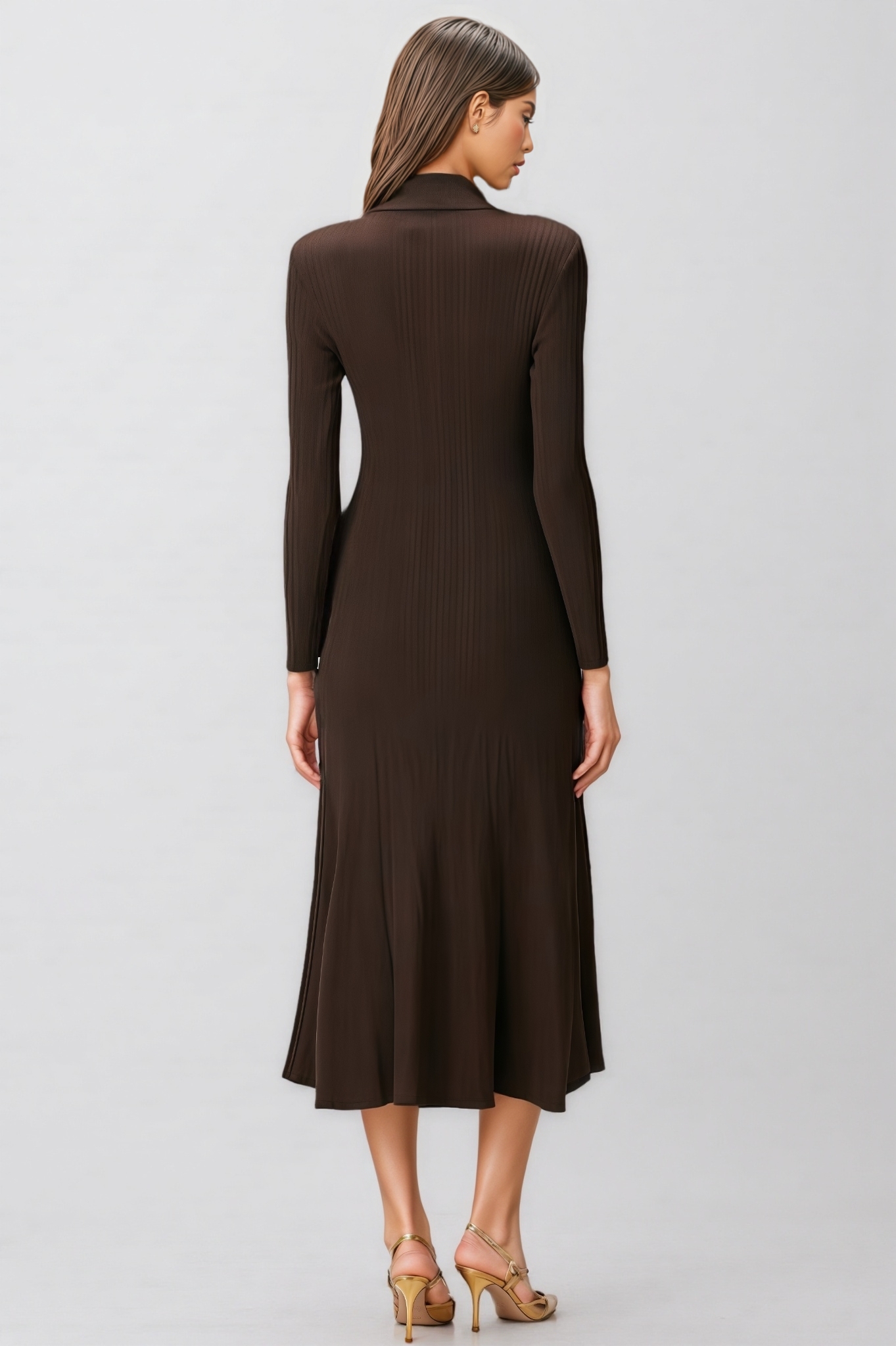 Kahlani Brown Long Sleeve Knit Midi Dress