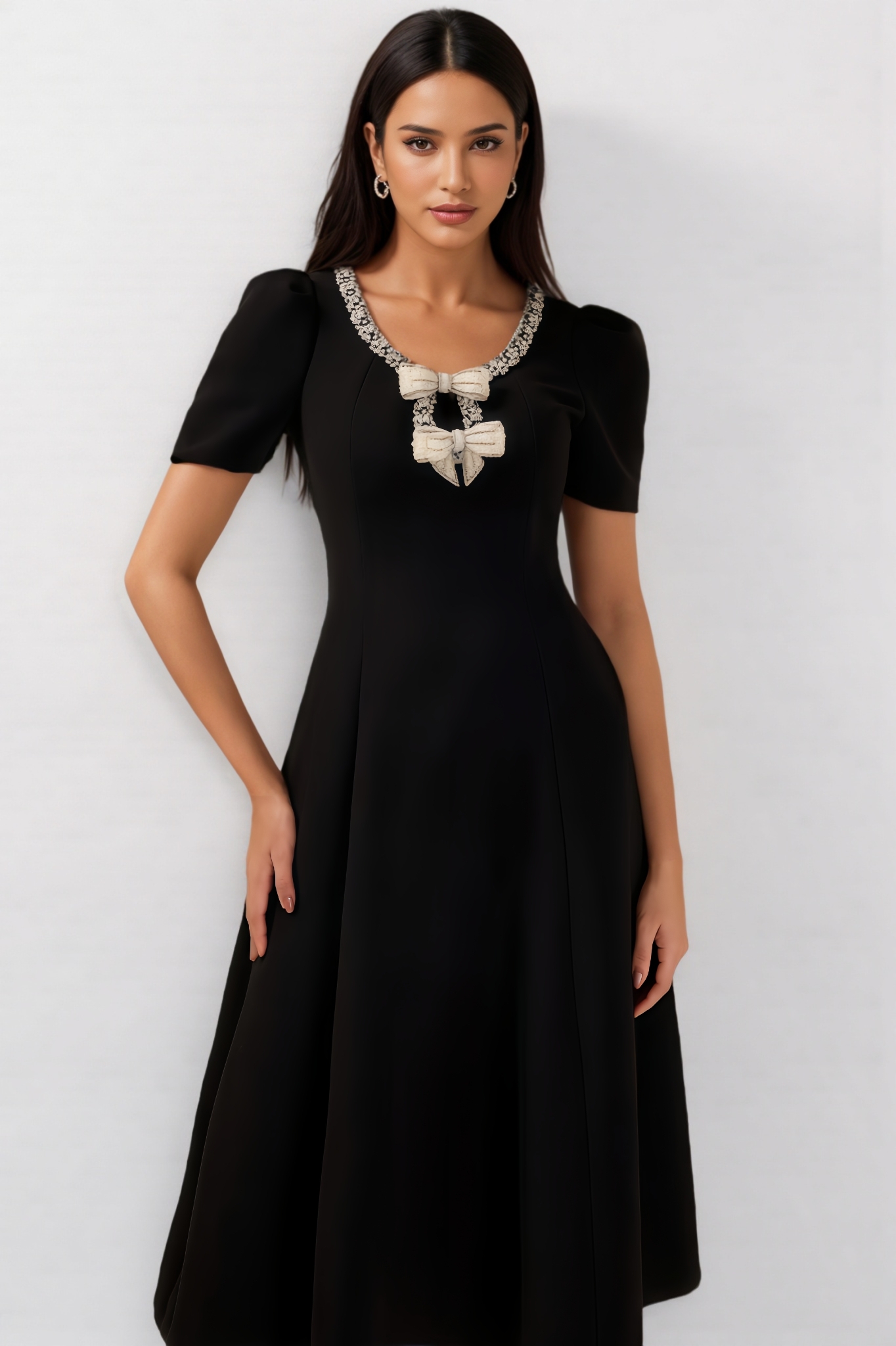 Luke Black Rhinestone Bow Midi Dress