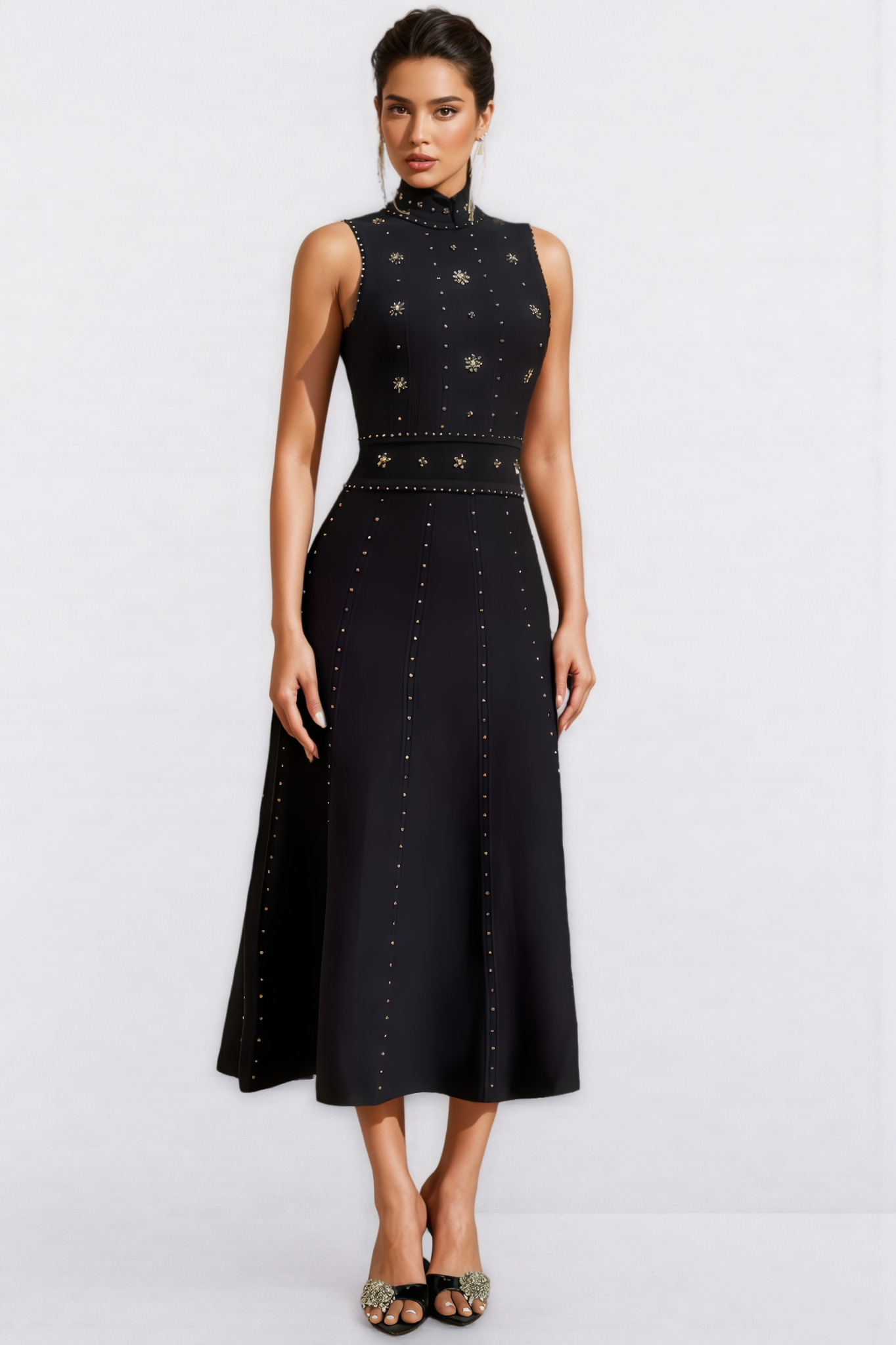 Addison Black Embroidered High-Neck Midi Dress
