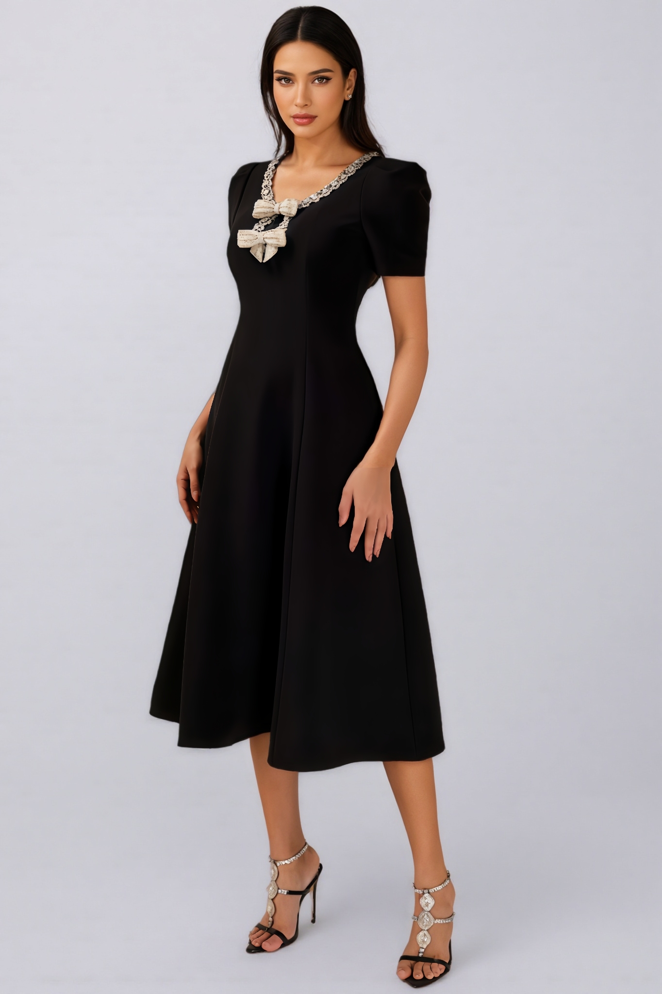 Luke Black Rhinestone Bow Midi Dress