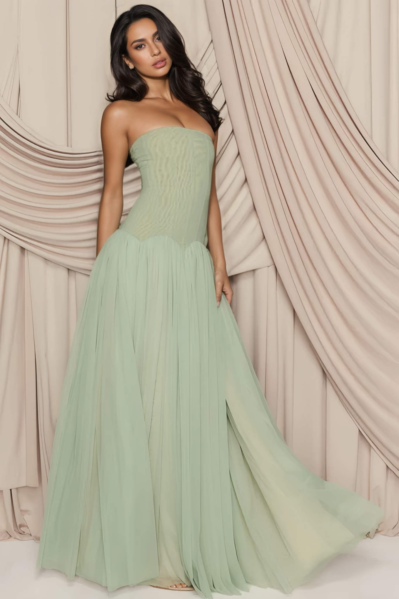 Hornisan Green Strapless Tulle Maxi Dress