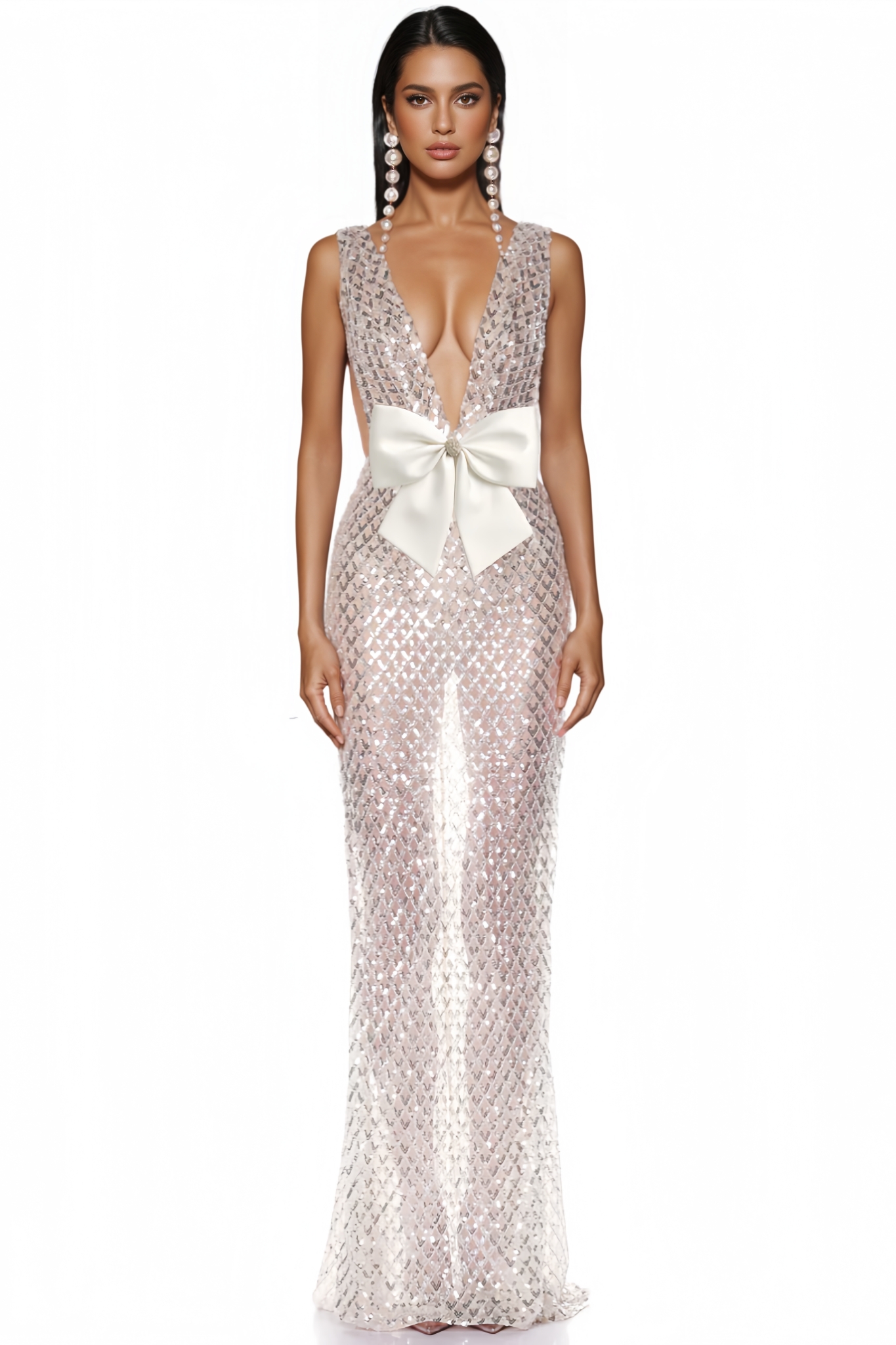 Faronny White Bow Rhinestone V Neck Maxi Dress