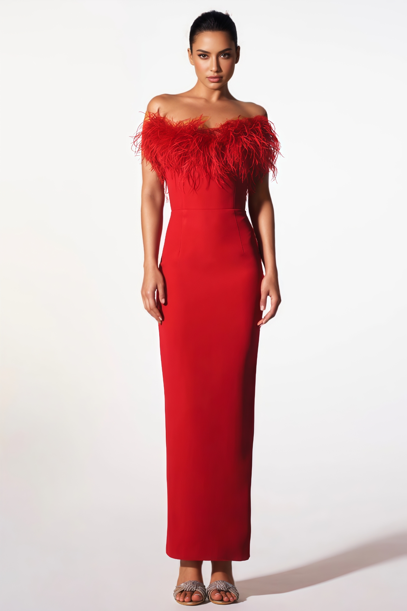 Harlany Red Feather Bandage Maxi Dress