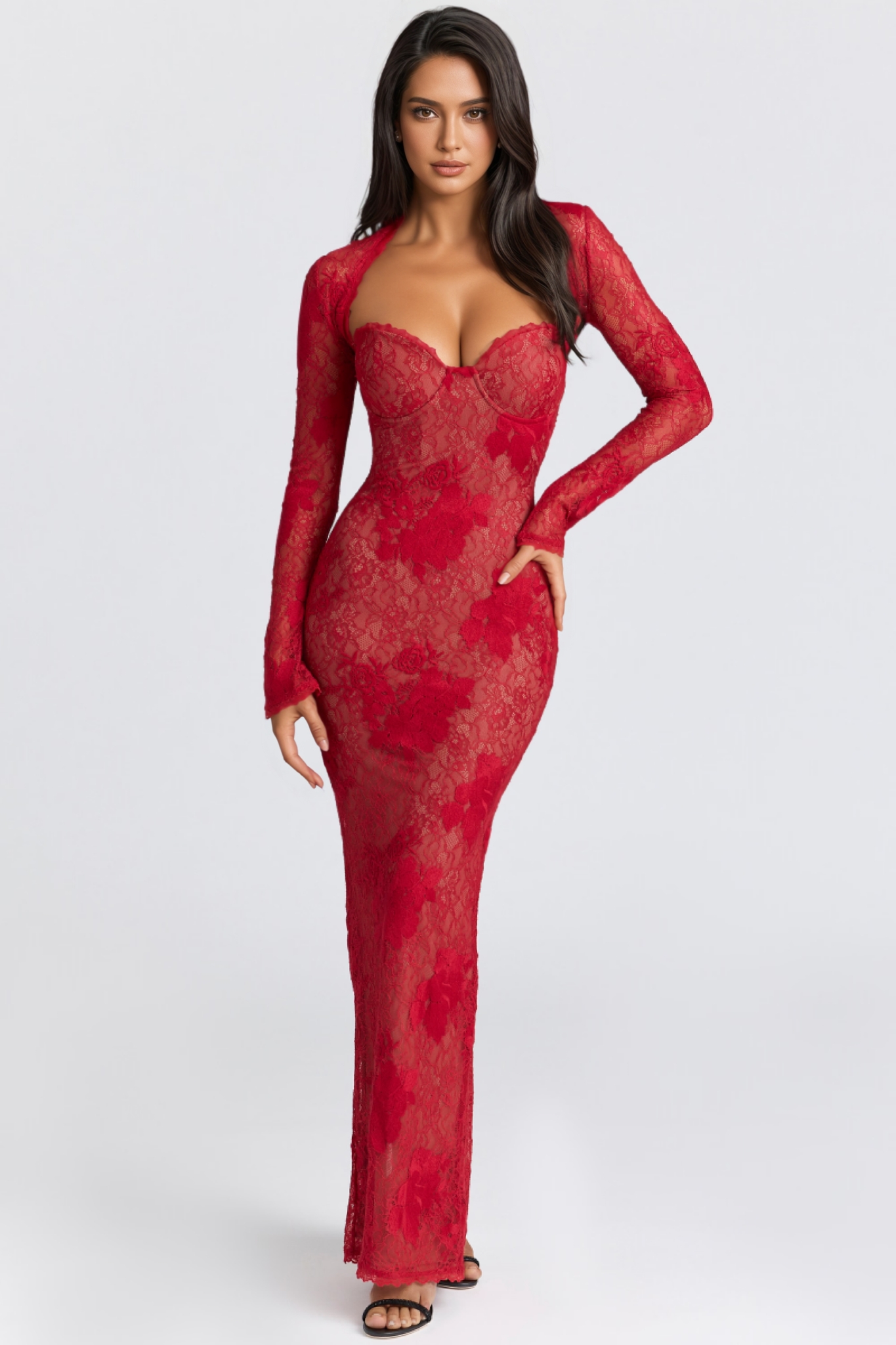 Ulvar Red Lace Embroidered Maxi Dress Set