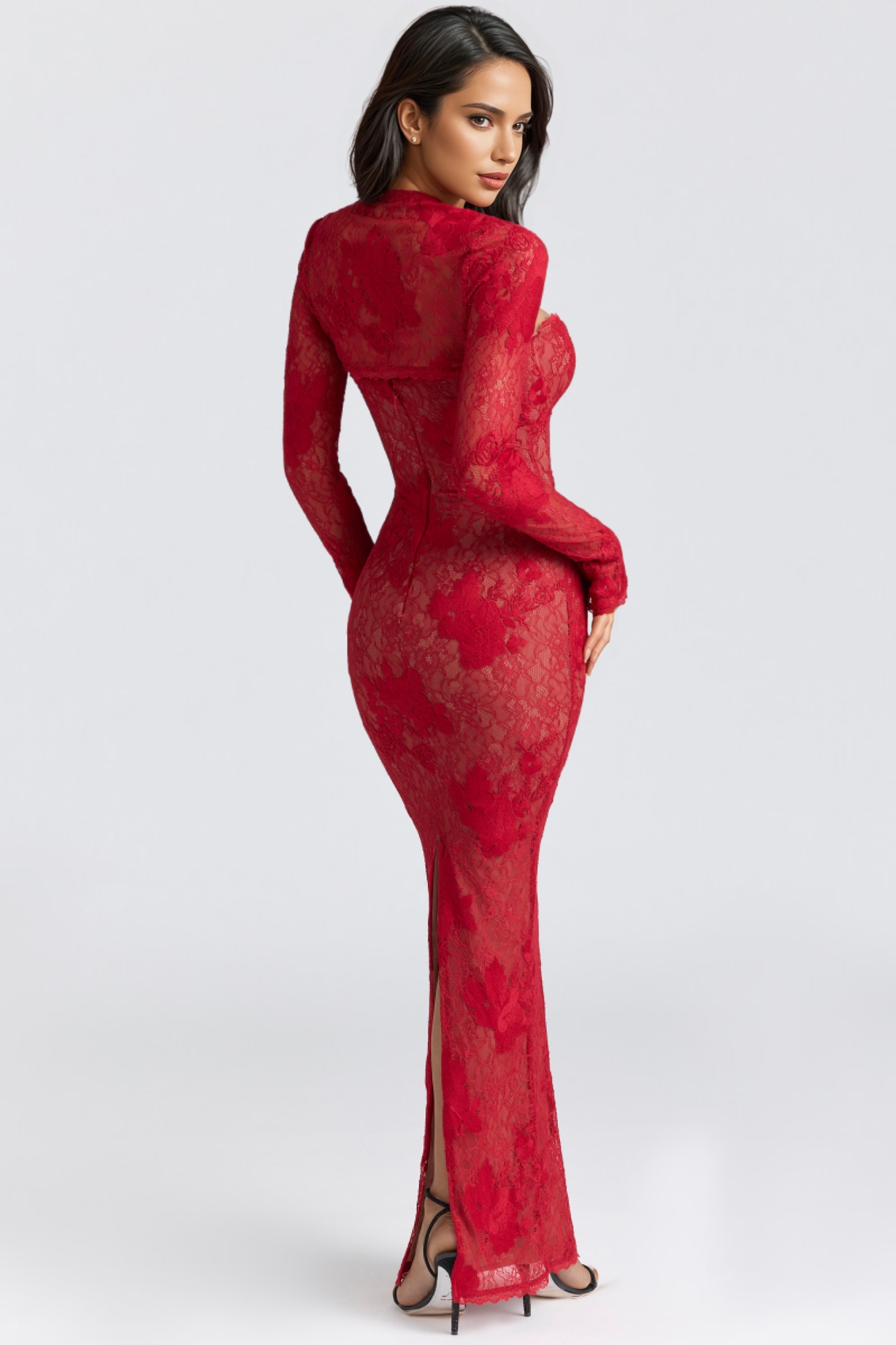 Ulvar Red Lace Embroidered Maxi Dress Set