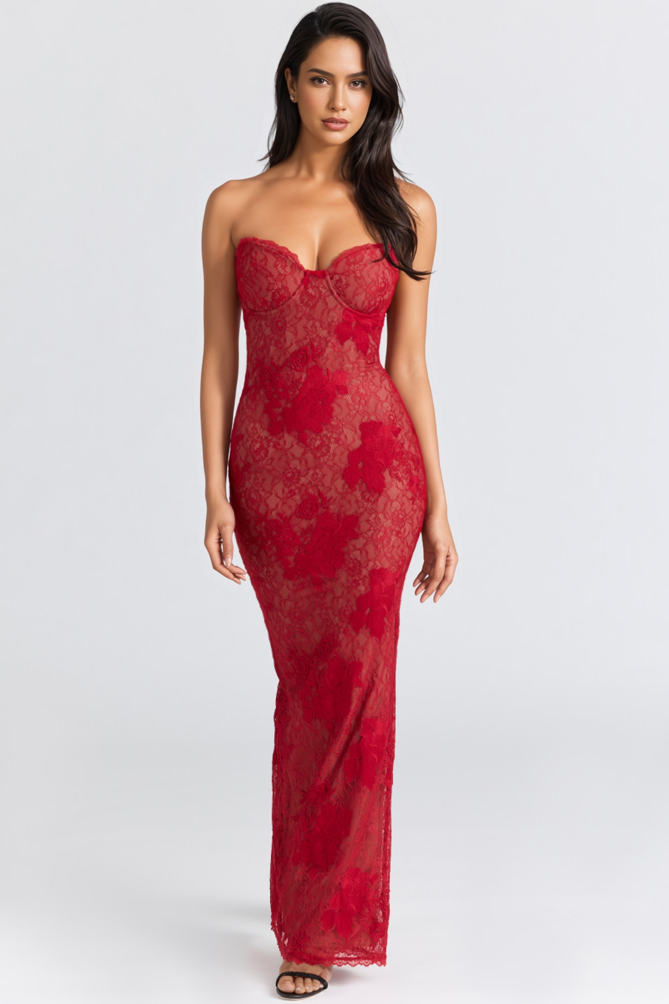 Ulvar Red Lace Embroidered Maxi Dress Set