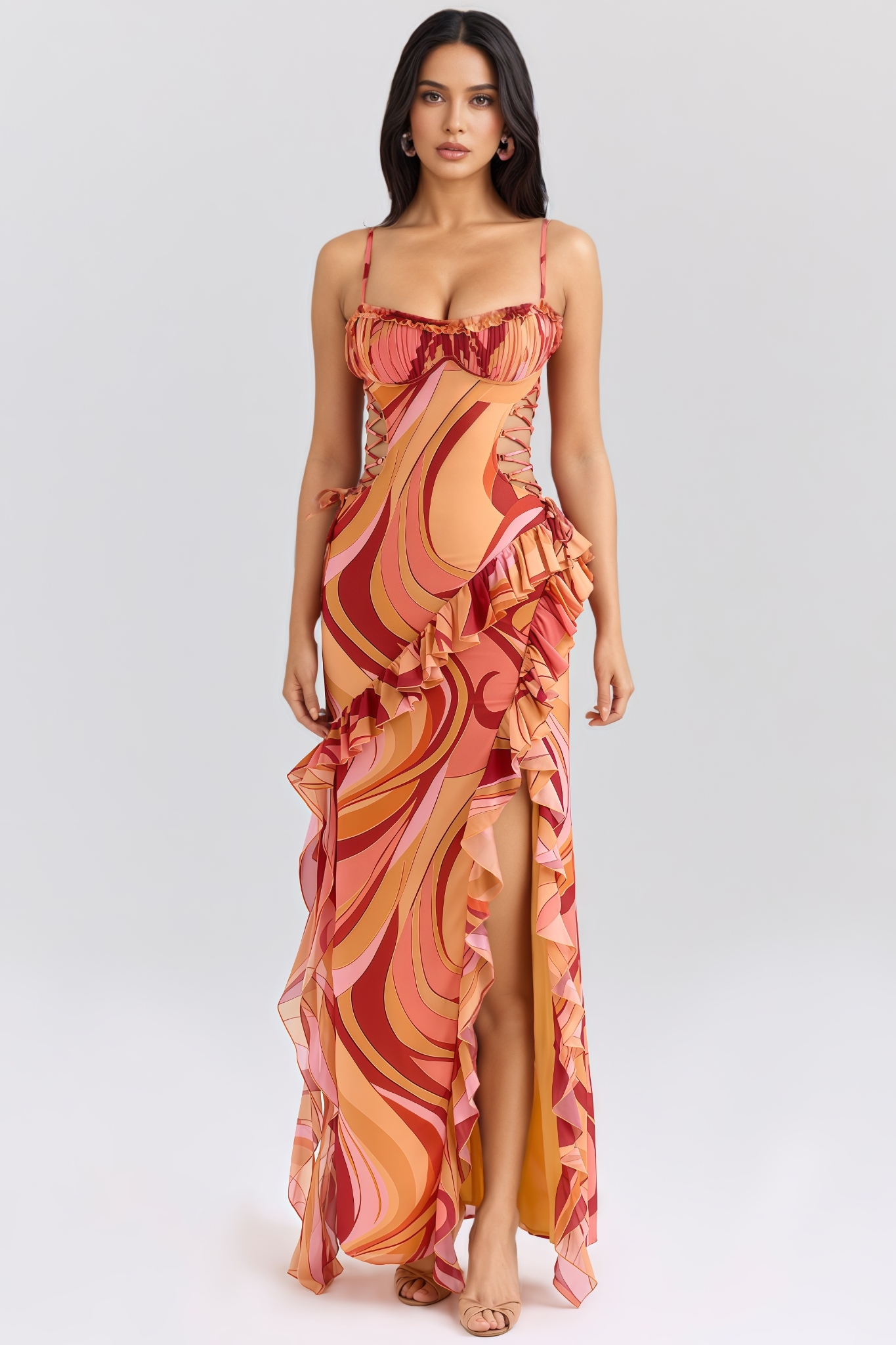 Kyarn Ruffle High Slit Ruched Print Maxi Dress 