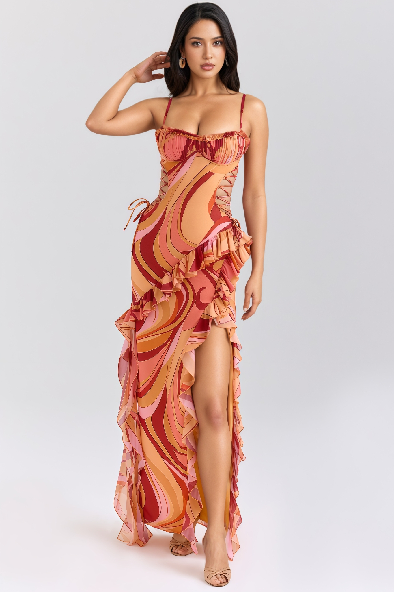 Kyarn Ruffle High Slit Ruched Print Maxi Dress 