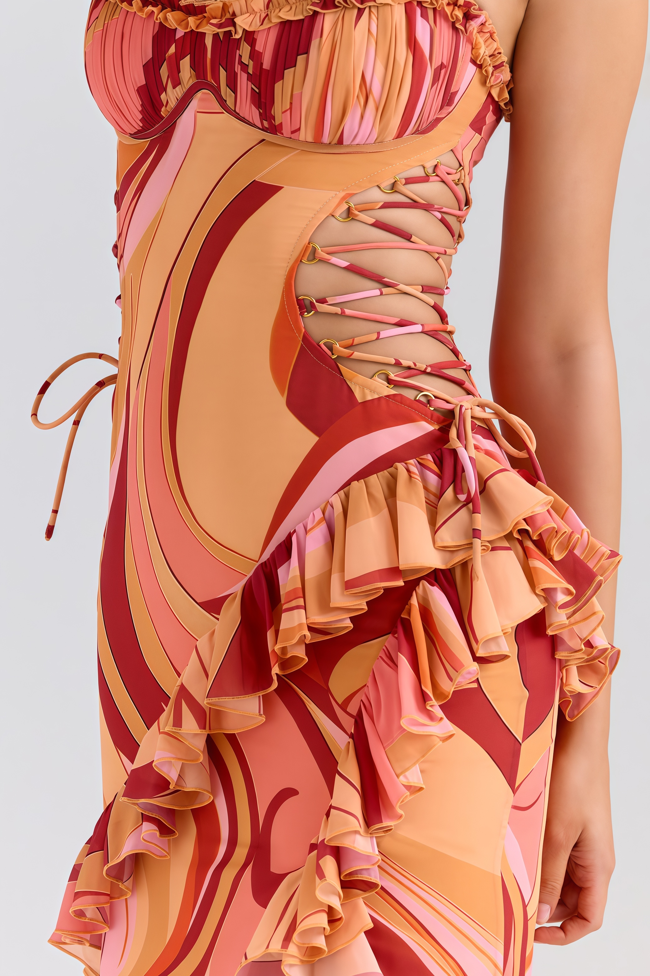 Kyarn Ruffle High Slit Ruched Print Maxi Dress 
